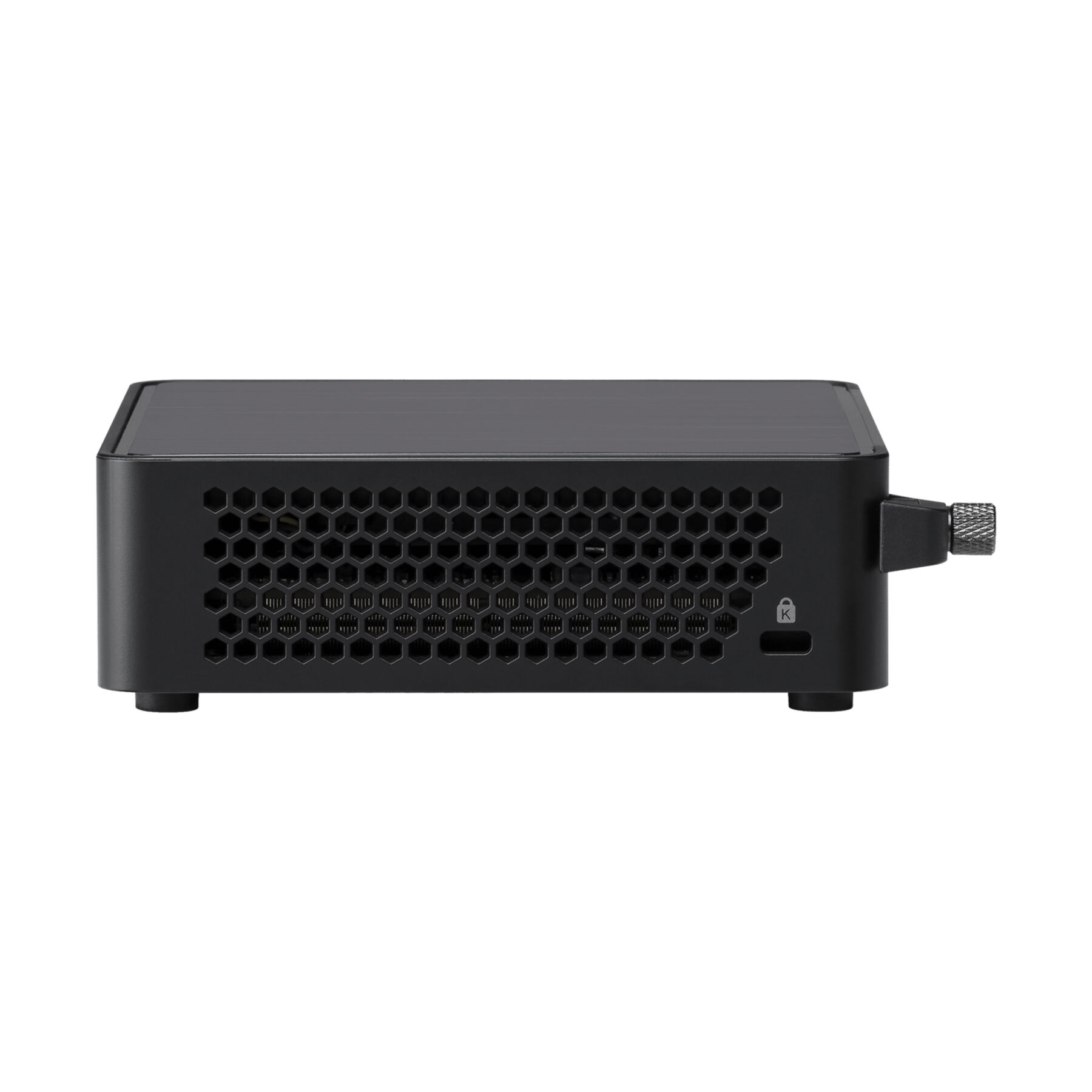 Schwarzer Mini-Computer mit Wabenmuster an der Seite. Die Rückseite des Geräts ist sichtbar.
