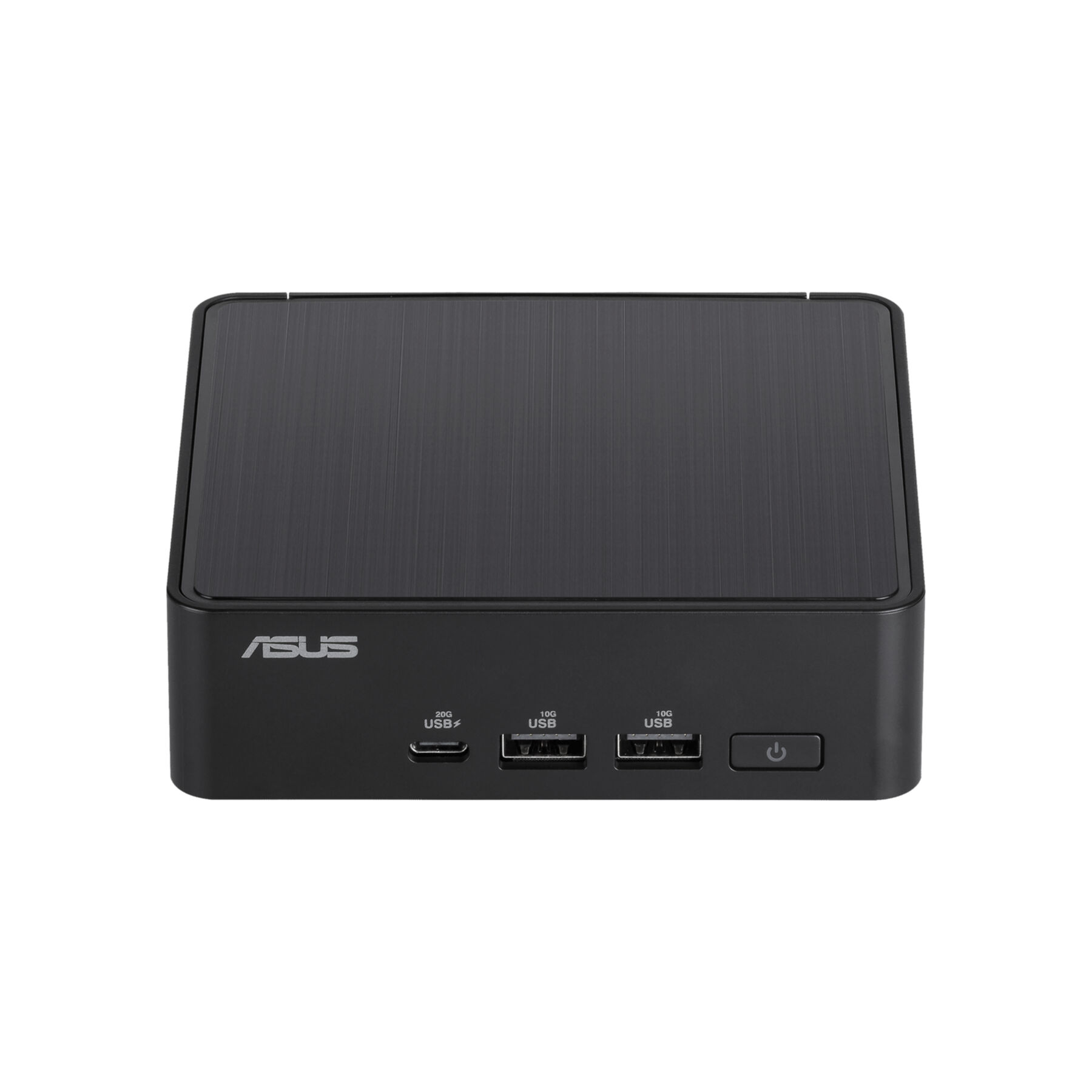 Schwarzer ASUS Mini-PC mit mehreren USB-Anschlüssen und einem Power-Button. Vorderansicht.