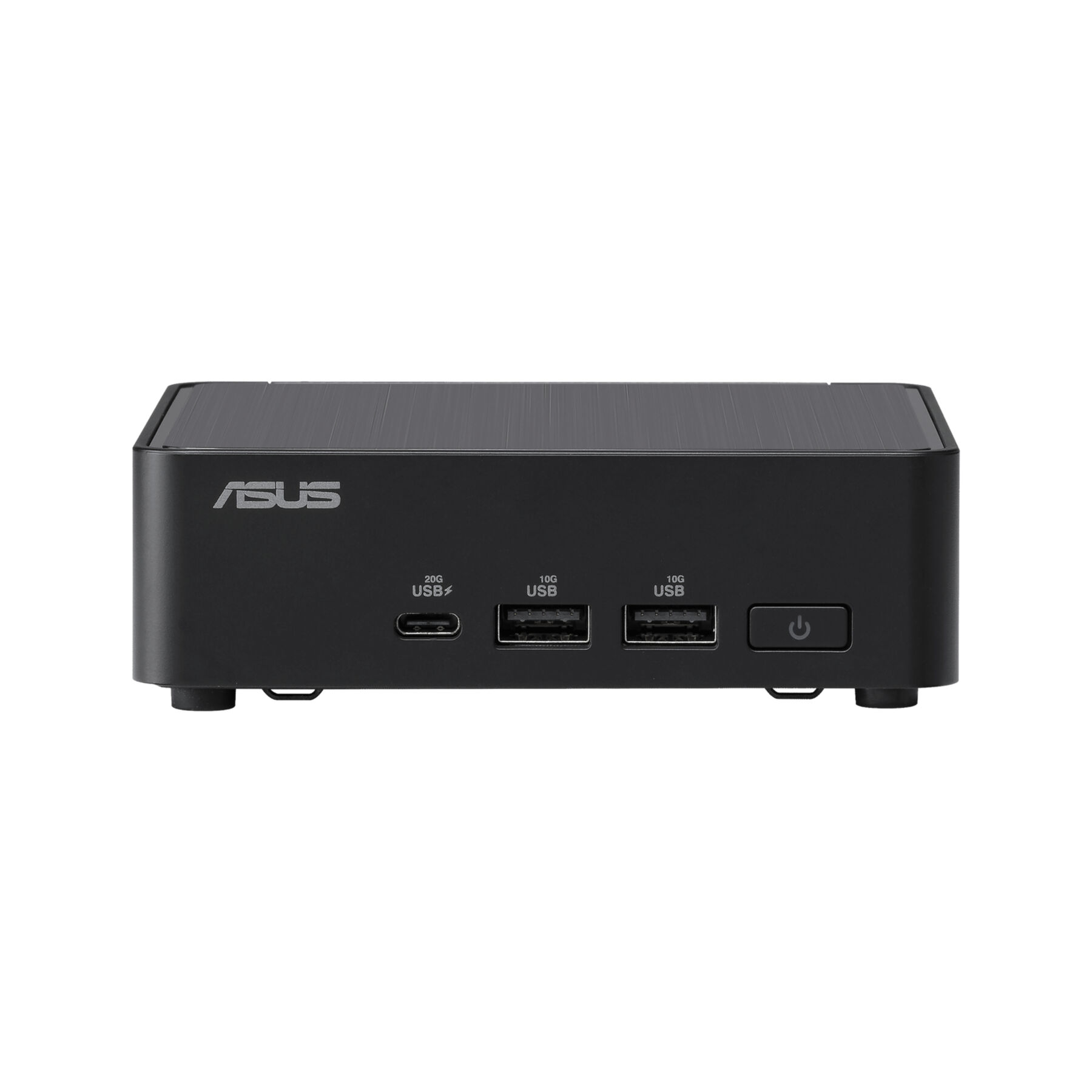 Mini PC ASUS negro con puertos frontales: USB, USB-C, botón de encendido. Está sobre una superficie blanca.