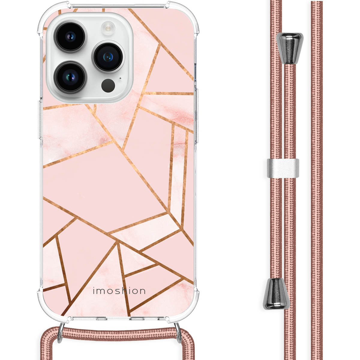 Een roze telefoonhoesje met een geometrisch ontwerp en een koord, tegen een witte achtergrond.