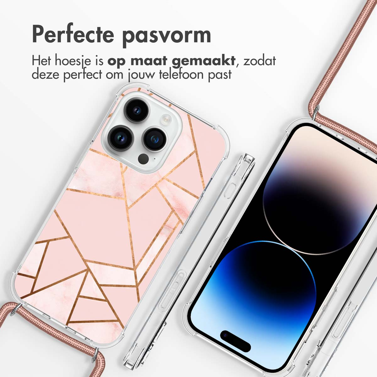 Telefoonhoesjes met roze en gouden geometrische patronen en tekst 'Perfecte pasvorm'.