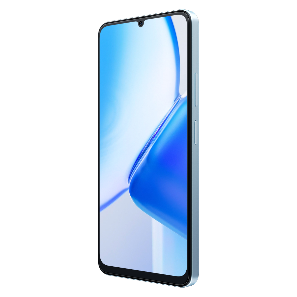 Un telefono blu, angolato, che mostra uno schermo con forme astratte e pulsanti laterali.