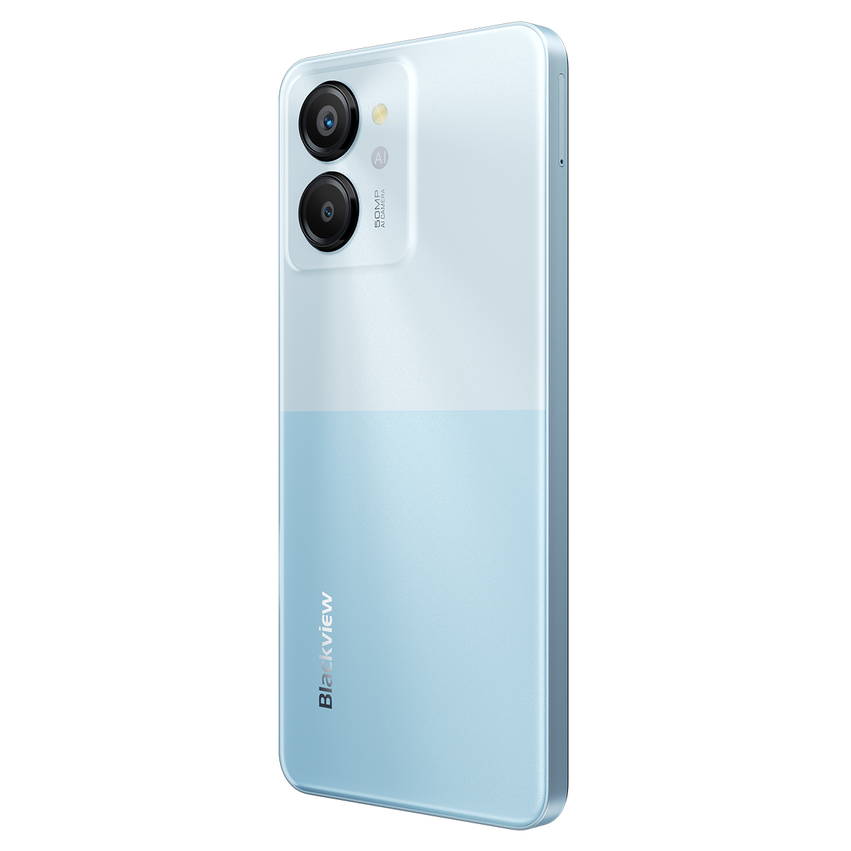 Uno smartphone bianco e azzurro con una configurazione a doppia fotocamera. La parte posteriore del telefono è visibile.
