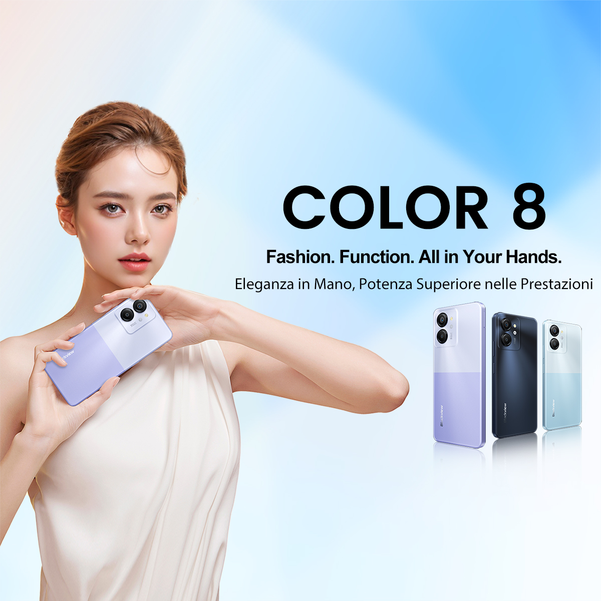 Una donna che tiene un telefono viola, con tre telefoni di diversi colori sullo sfondo.