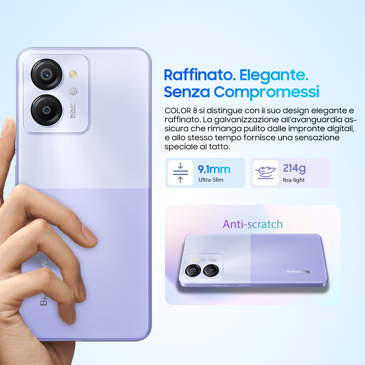 Uno smartphone bianco e viola tenuto in mano. Mostra una doppia fotocamera ed è antigraffio.