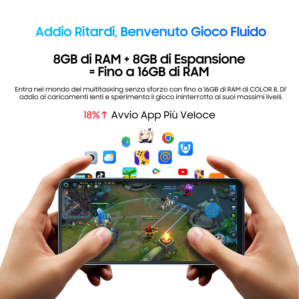 Mani che tengono un telefono con un gioco sullo schermo con sovrapposizione di testo e icone delle app.