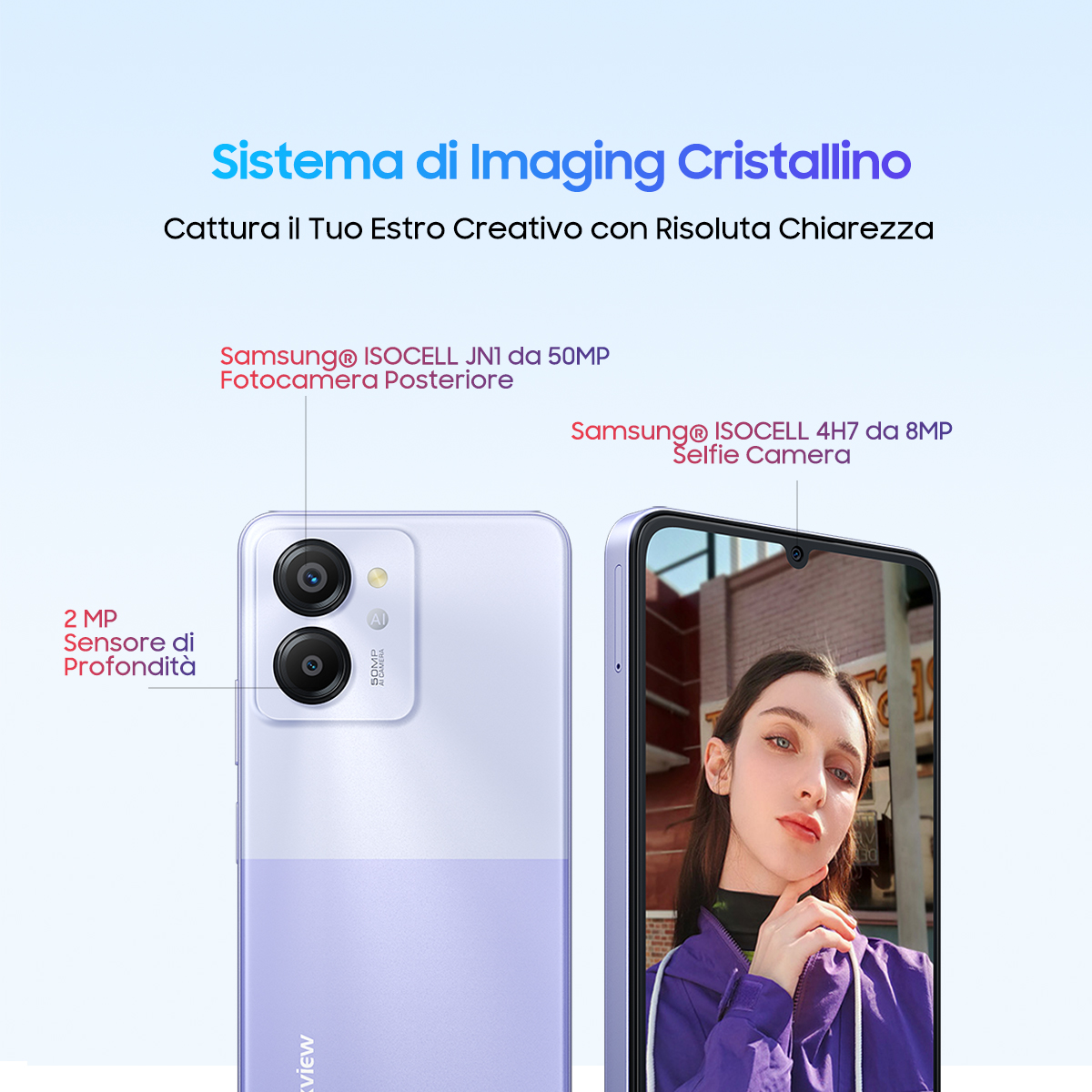 Un primo piano di uno smartphone con una configurazione a doppia fotocamera e una donna sullo schermo. Il telefono è viola.
