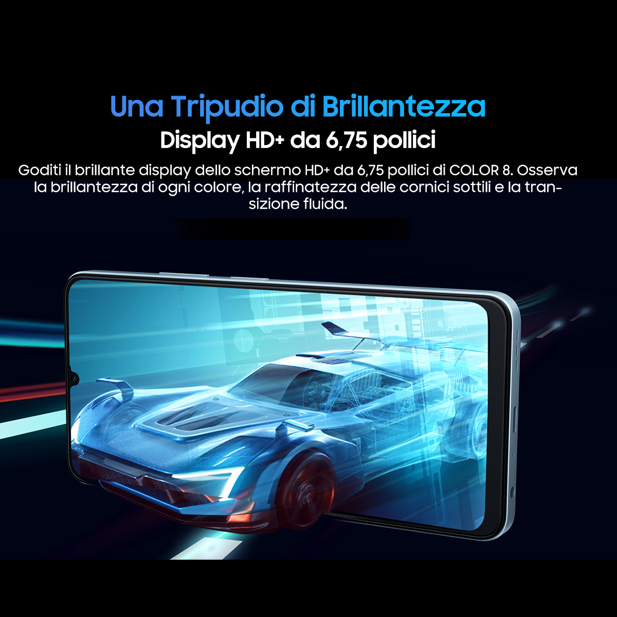 Smartphone con grafica di auto visualizzata sullo schermo, che mostra le caratteristiche del display HD+.