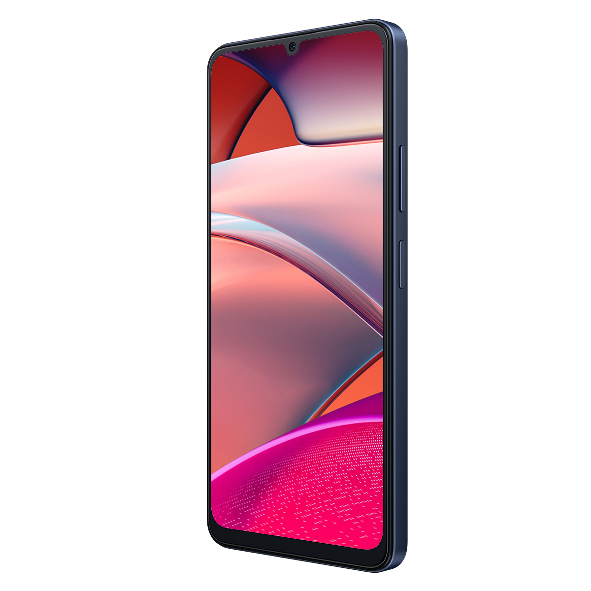 Un telefono blu, angolato, con uno sfondo arancione, rosso e viola sullo schermo.