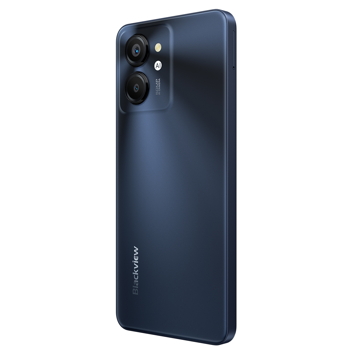 Un telefono blu scuro con configurazione a doppia fotocamera e il nome del marchio scritto.
