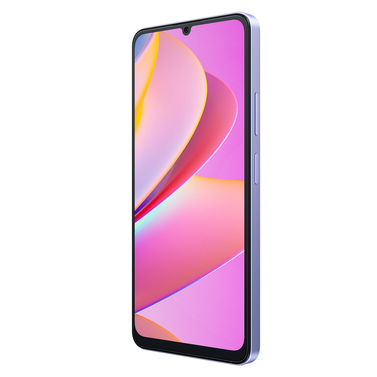 Uno smartphone in una custodia viola, con uno schermo che mostra un design astratto rosa e bianco.