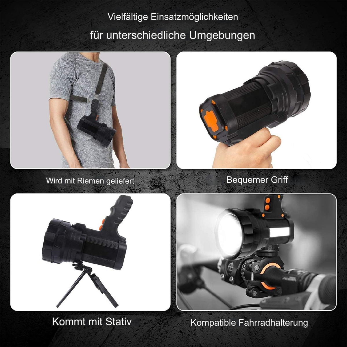 Schwarze Taschenlampen mit verschiedenen Verwendungen. Der Text ist auf Deutsch.