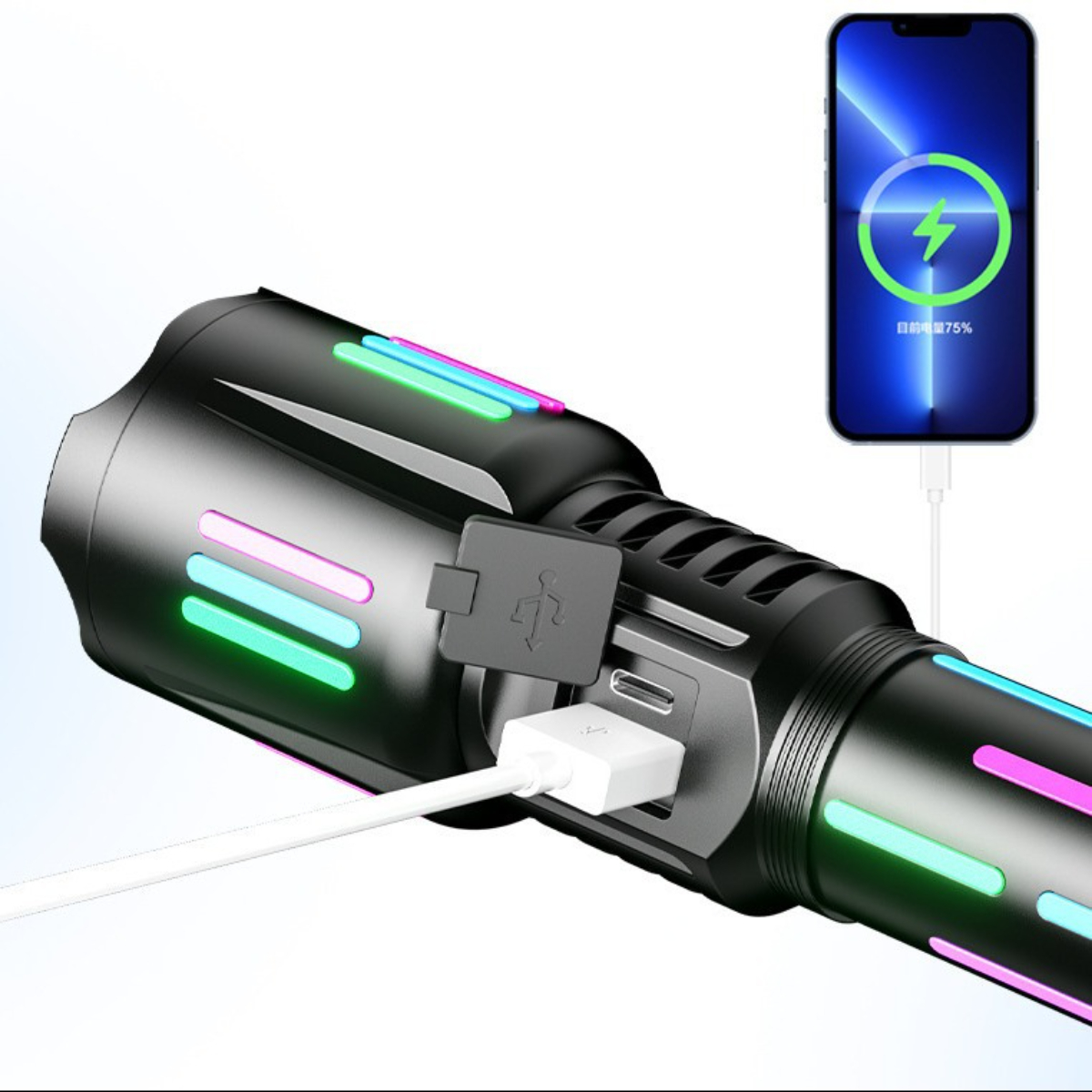 Eine schwarze Taschenlampe lädt ein Telefon auf. Das Telefon zeigt einen Blitz und 75 % Ladung.
