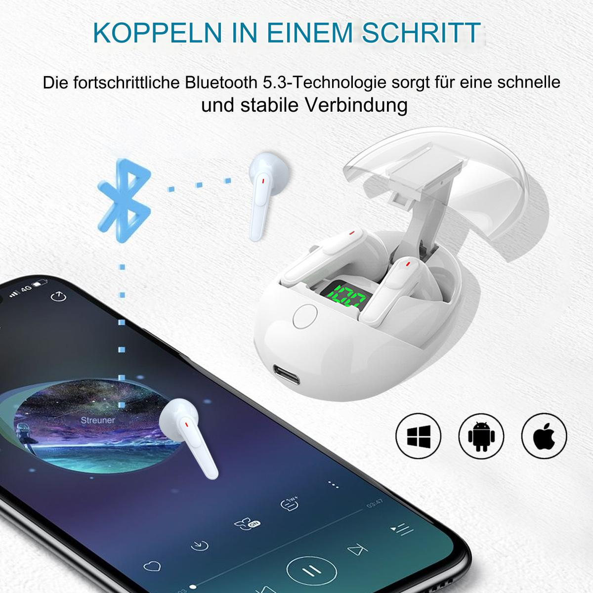 Ein Telefon mit Ohrhörern, einem Ladecase und Symbolen. Der Hintergrund ist weiß.