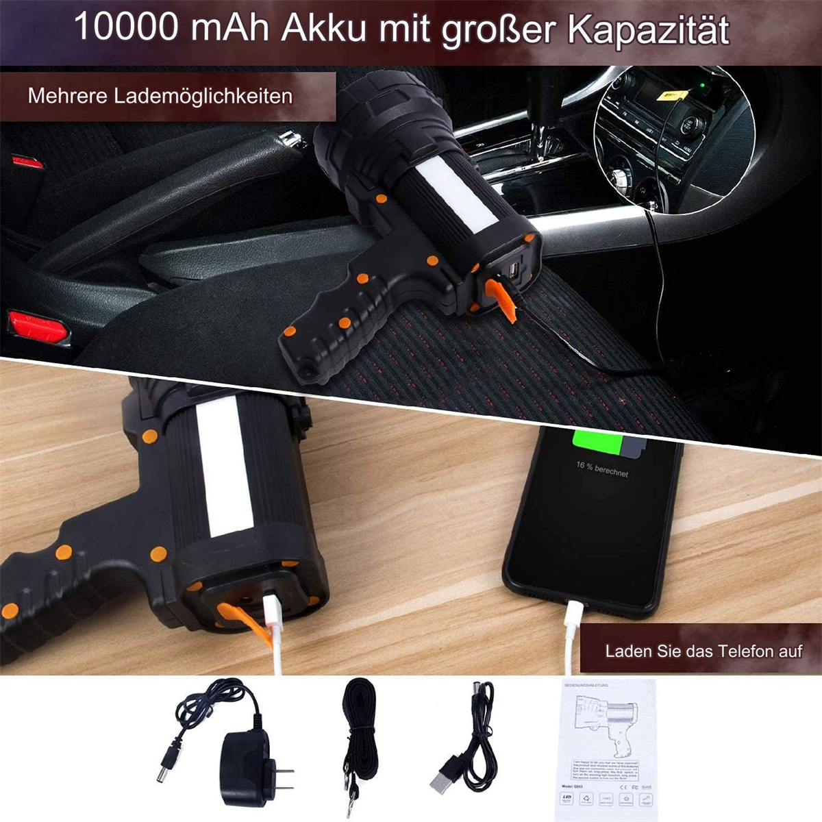 Schwarz-orange Taschenlampe mit Ladekabel. Text: 10000 mAh Akku.
