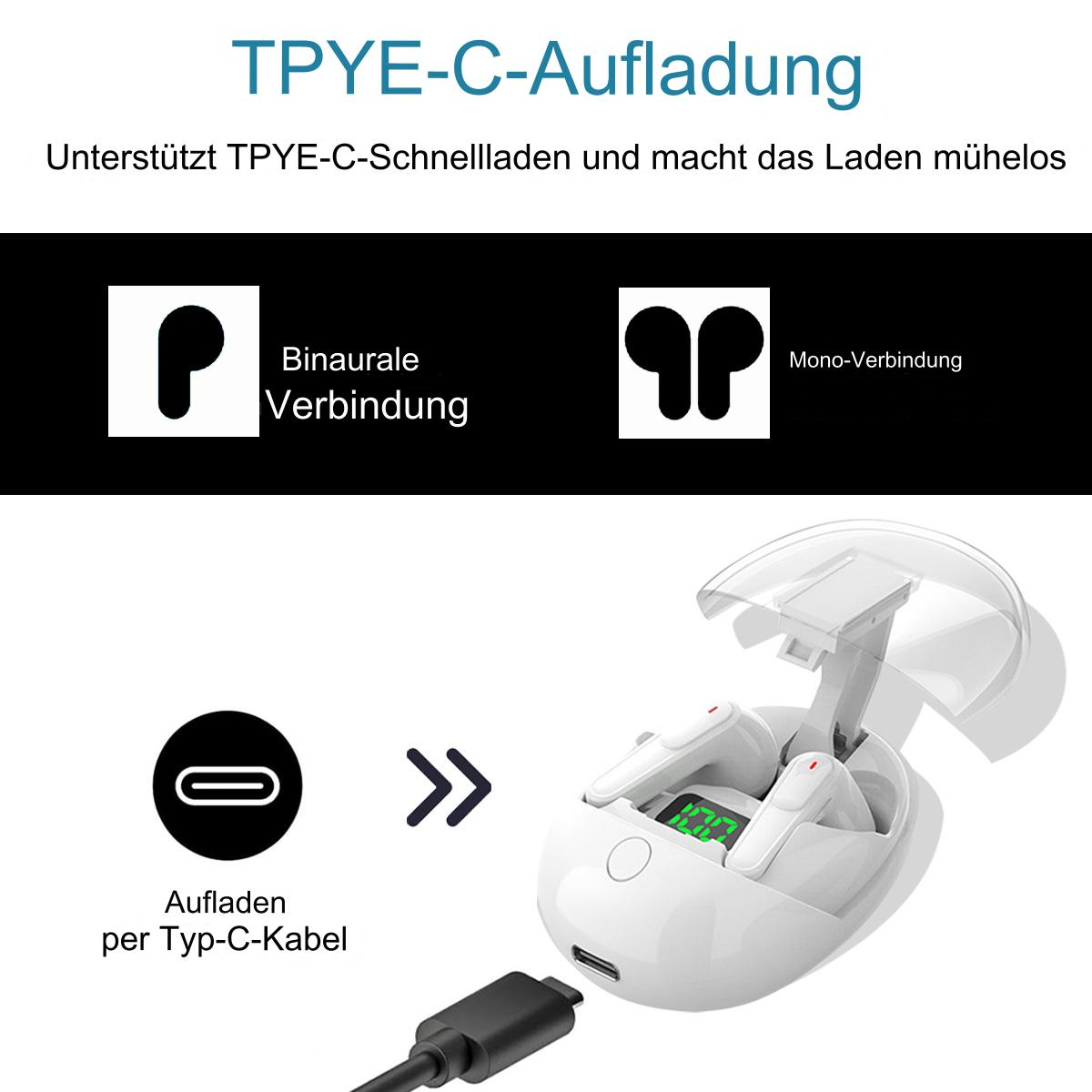 Diagramm, das weiße Ohrhörer in einem Ladeetui und ein USB-C-Ladekabel zeigt.