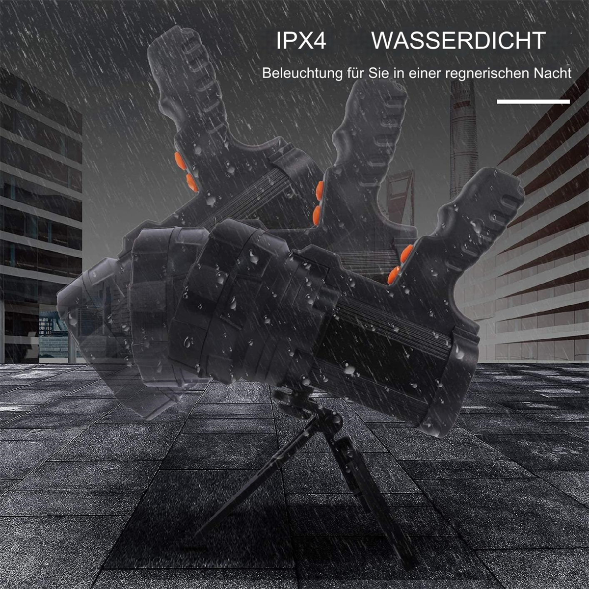 Schwarze Taschenlampe auf einem Stativ. Regentropfen und der Text 'IPX4 WASSERDICHT' sind sichtbar.
