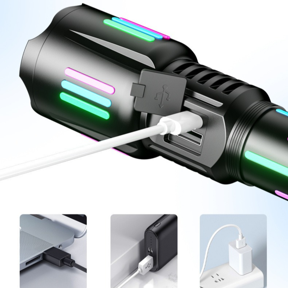 Schwarze Taschenlampe mit farbigen Lichtern. USB-Anschluss mit Ladekabeln an verschiedenen Quellen.