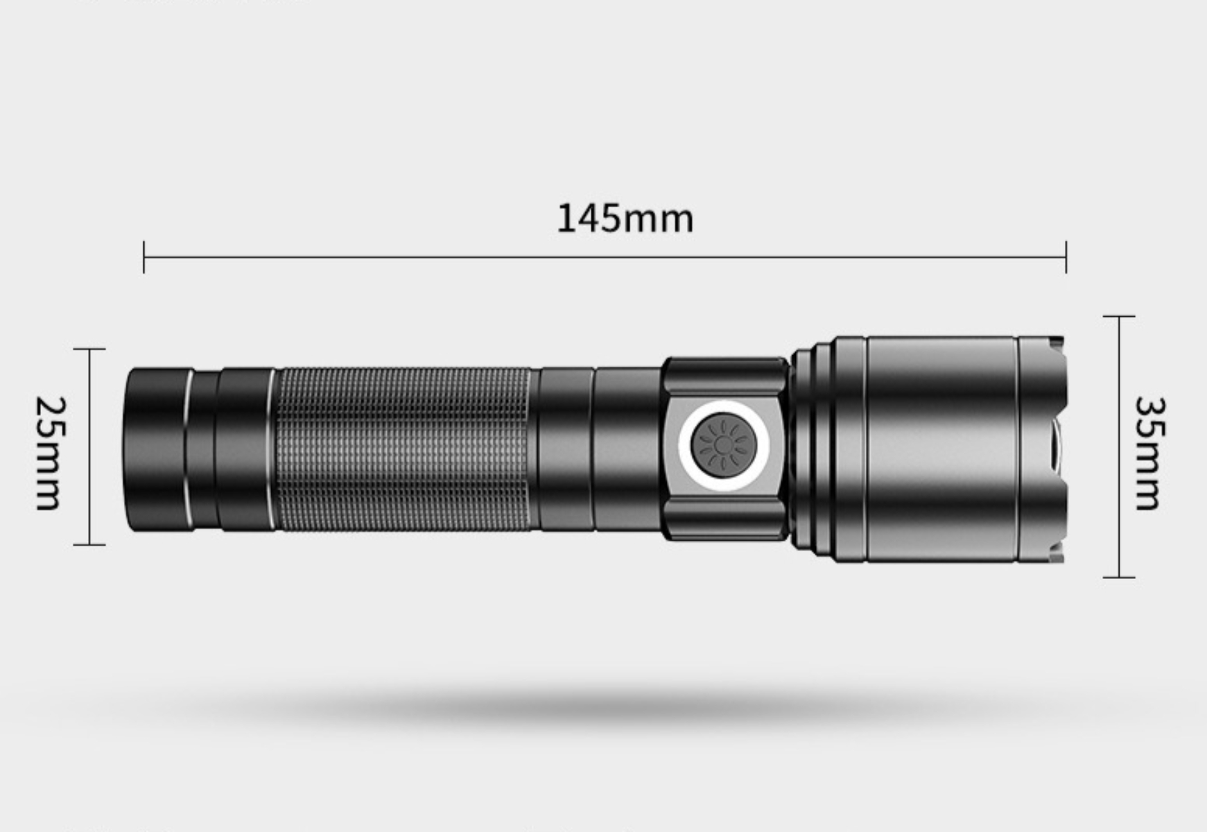 Eine schwarze Taschenlampe mit beschrifteten Abmessungen; 145mm lang, 25mm breit und 35mm Durchmesser.
