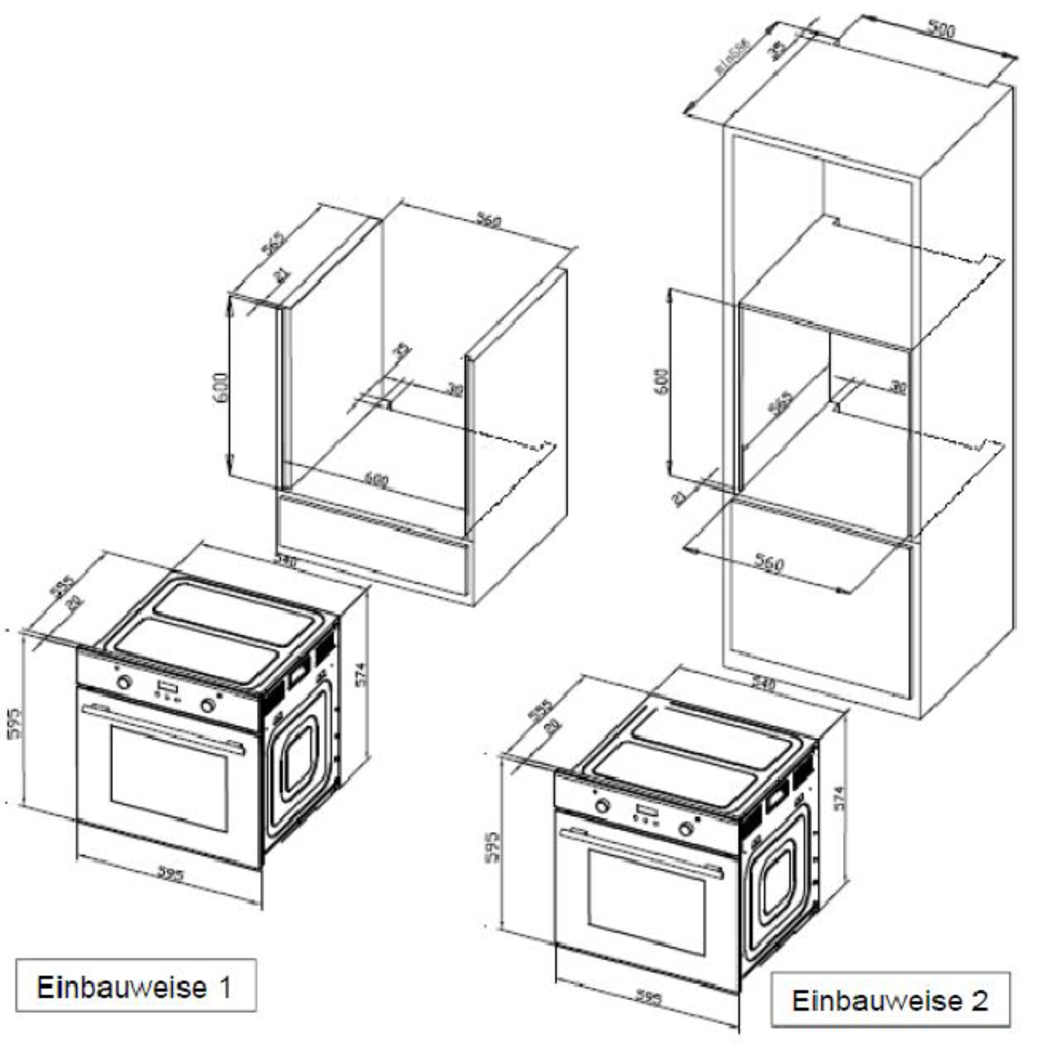 Zwei Öfen mit Diagrammen. Sie zeigen Abmessungen und Installationsmethoden.