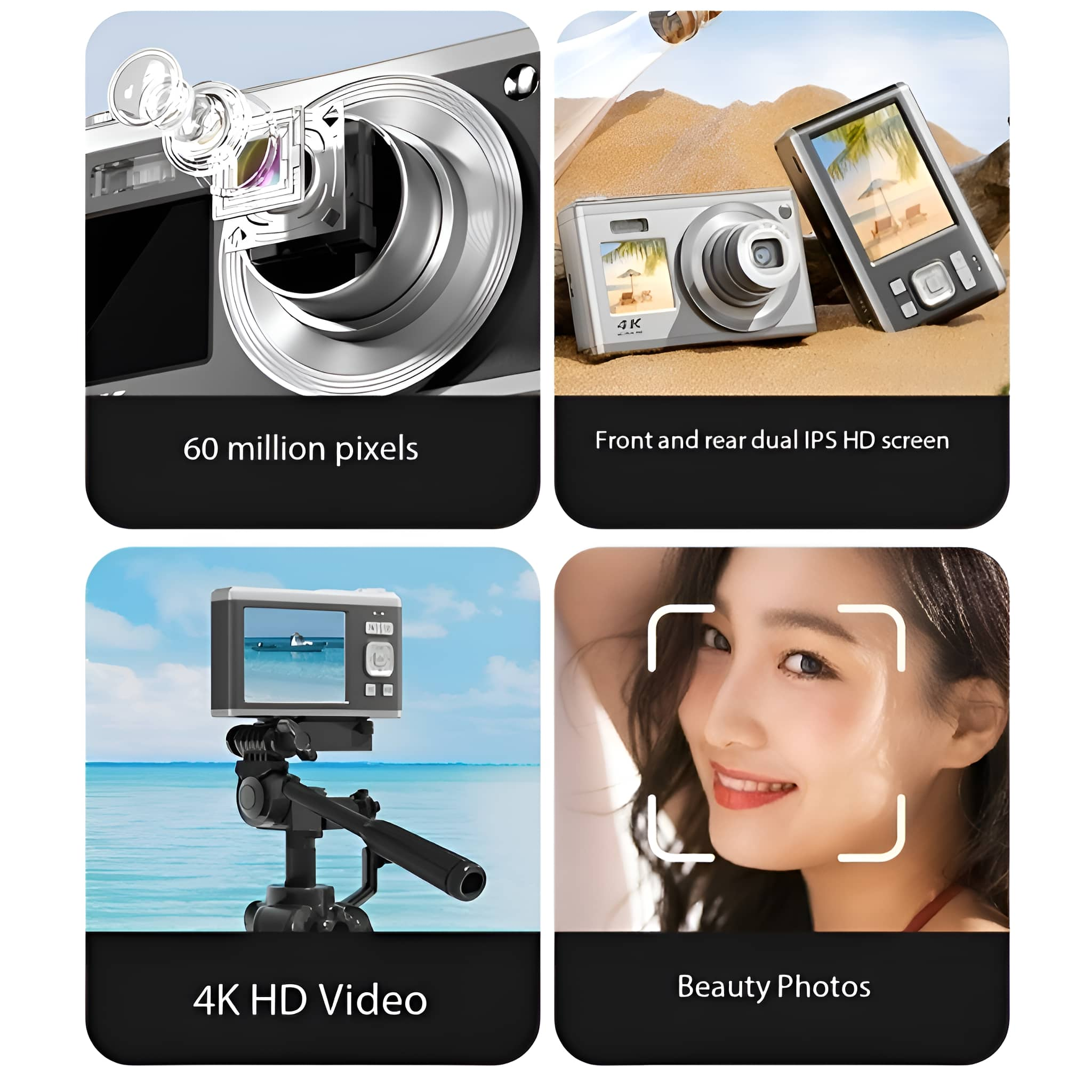 Eine Collage, die eine Kamera, ein 4K HD-Video und eine Person beim Fotografieren zeigt. Die Kamera hat Funktionen.