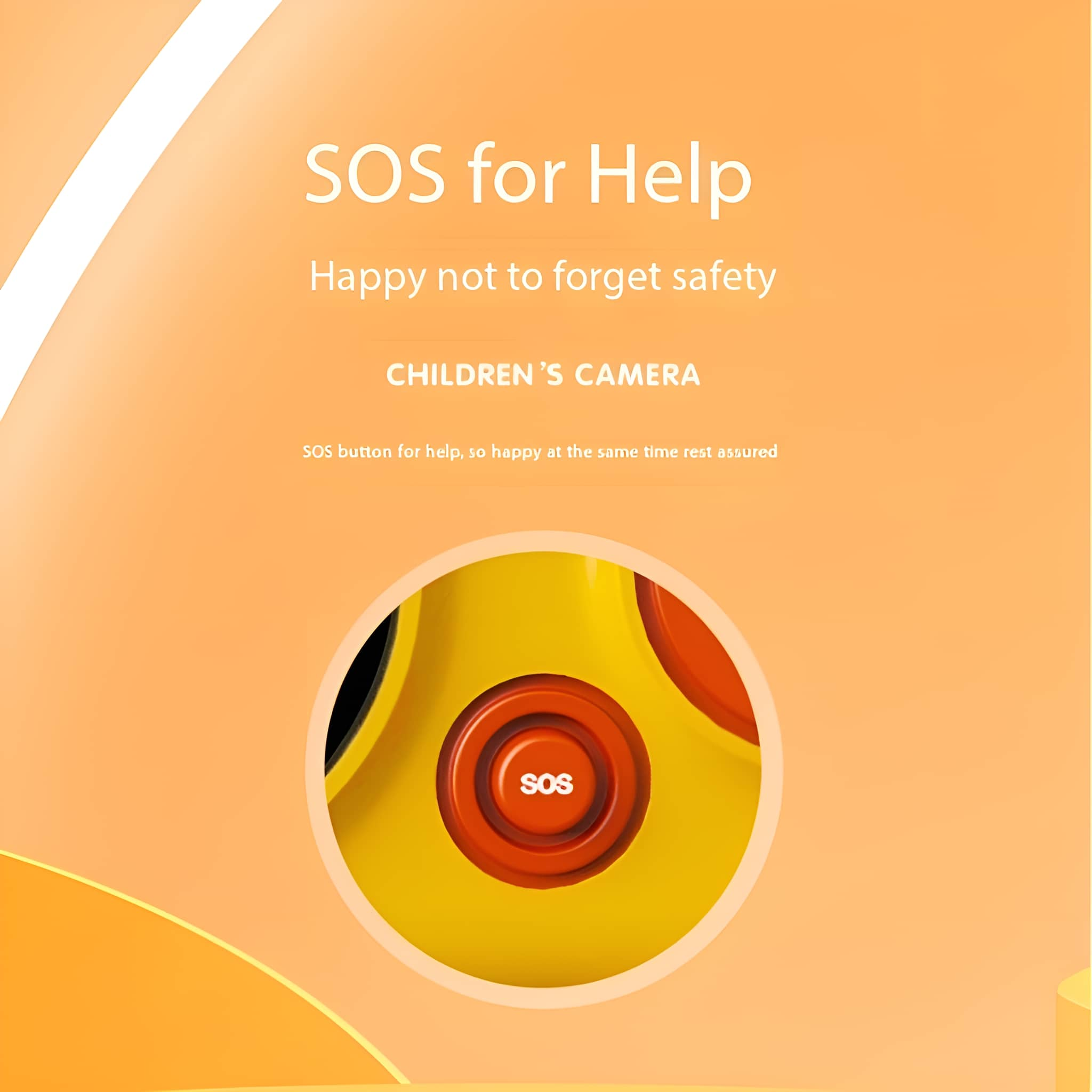 Eine gelb-orange Kinderkamera mit SOS-Taste und dem Text 'SOS for Help'.