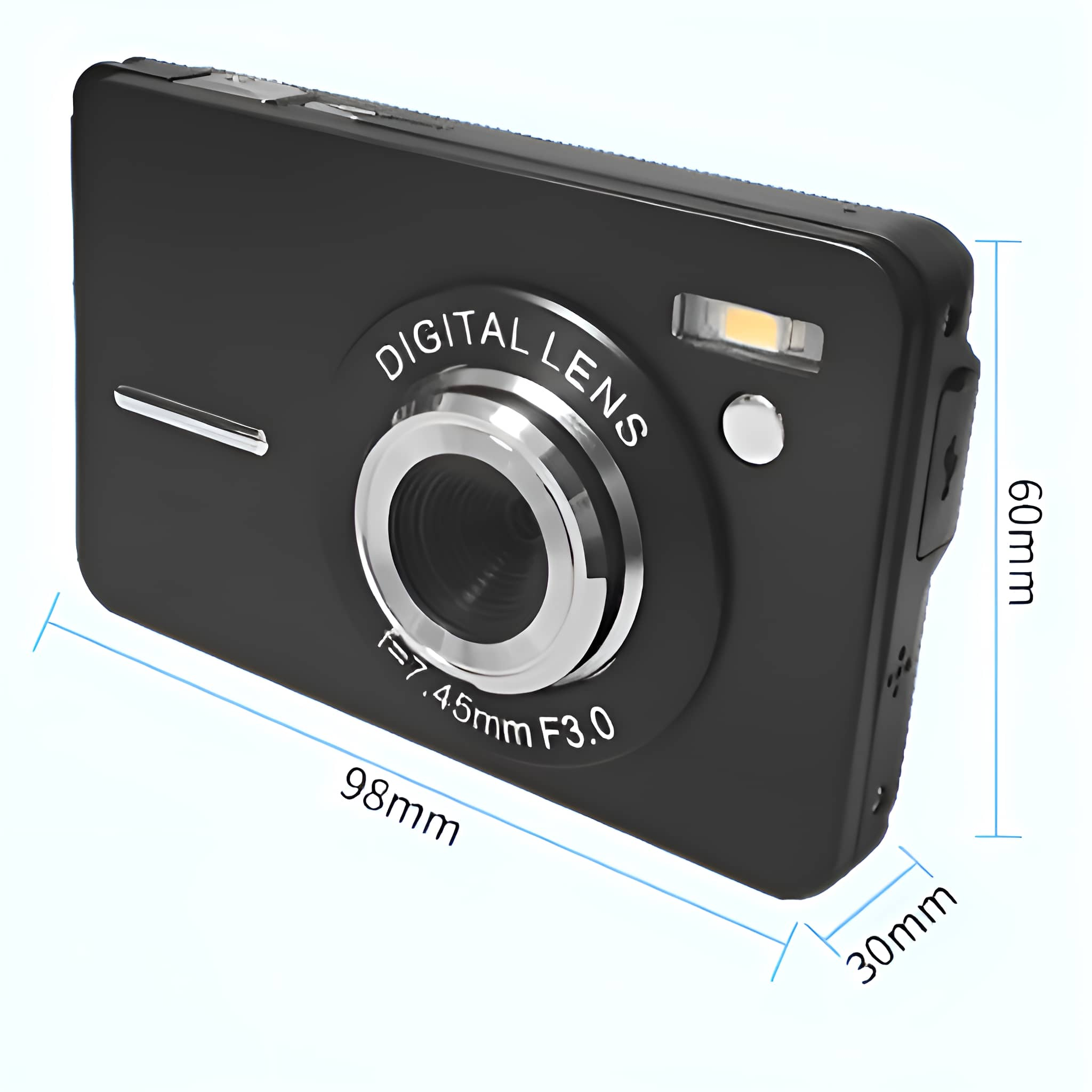 Eine schwarze Digitalkamera mit beschrifteten Abmessungen, isoliert auf weißem Hintergrund.