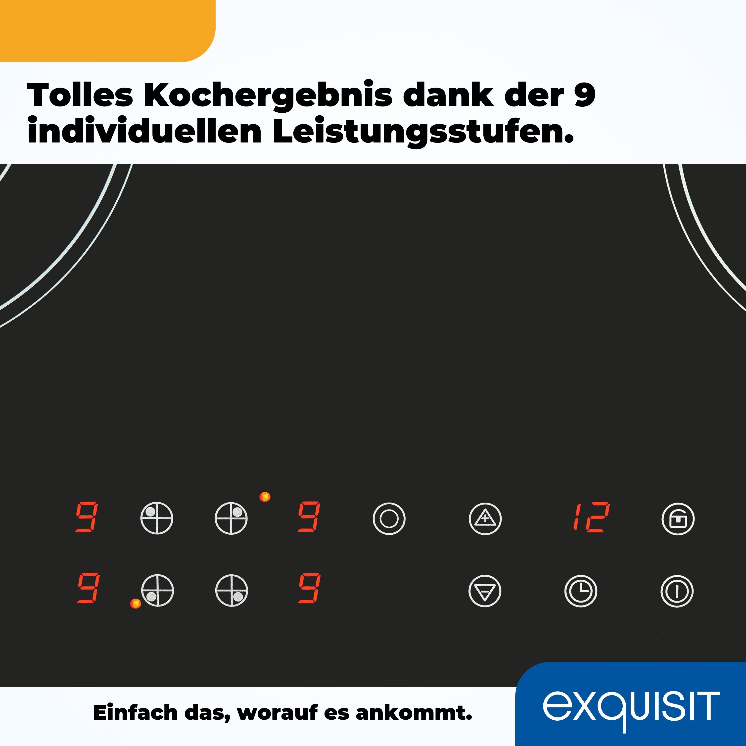 Schwarzes Induktionskochfeld mit Digitalanzeige, die Zahlen und Symbole zeigt. Text: 'exquisit'.