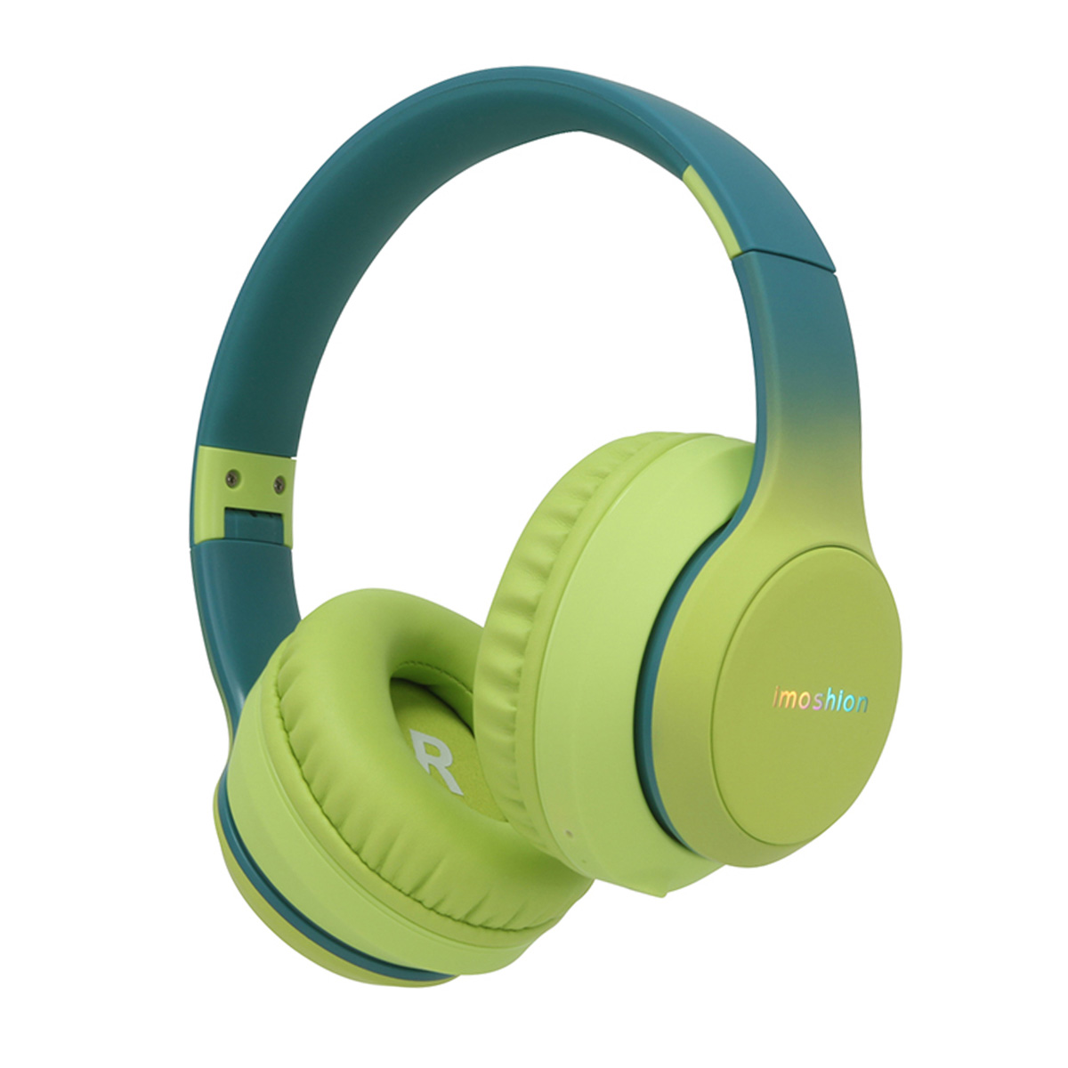 Groene en blauwe koptelefoon. De oorschelpen zijn groen, de hoofdband is blauw.