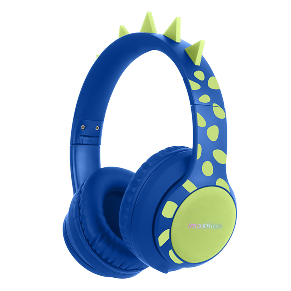Blauwe koptelefoon met gele spikes en accenten op een witte achtergrond.