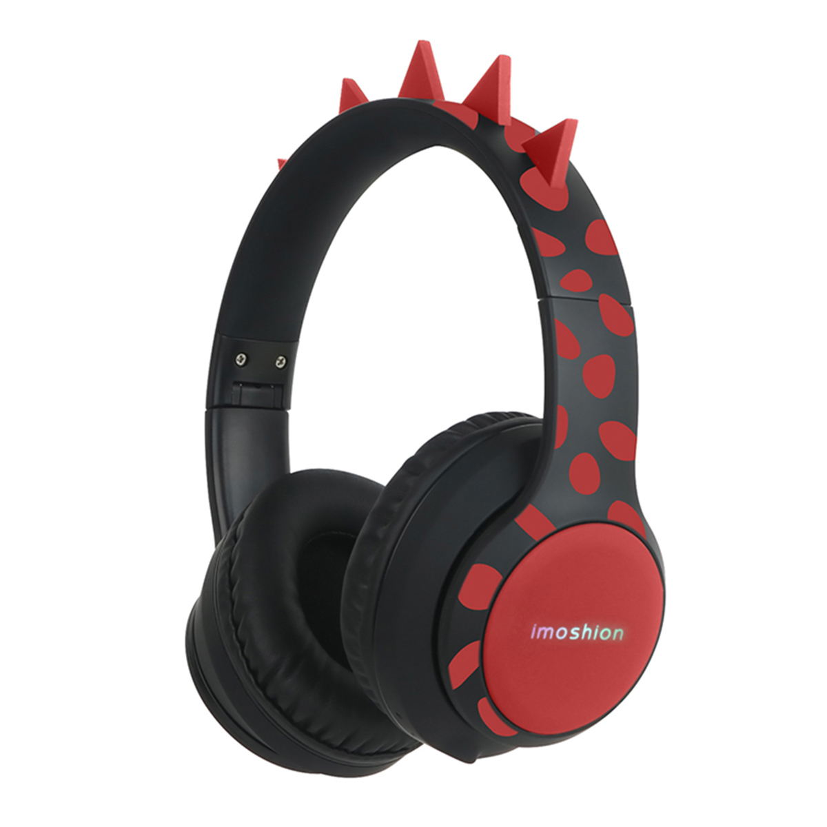 Zwarte en rode koptelefoon met spikes op de hoofdband en rode stippen. De merknaam is zichtbaar.