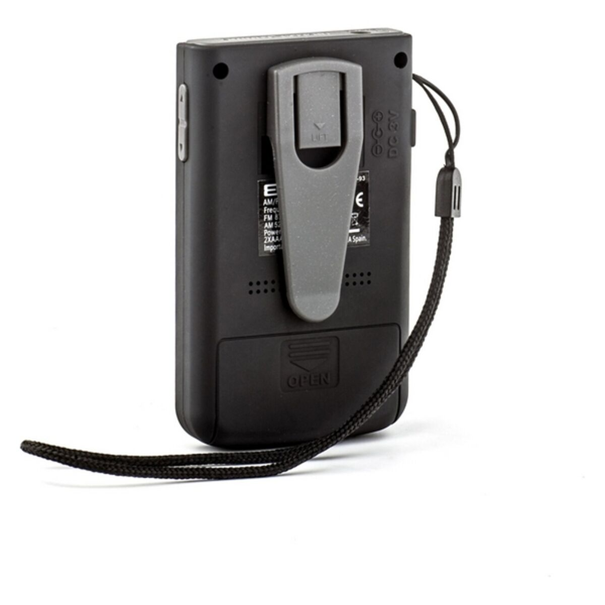 Czarne urządzenie z klipsem, smyczą i etykietą z tyłu. Ma mały ekran.