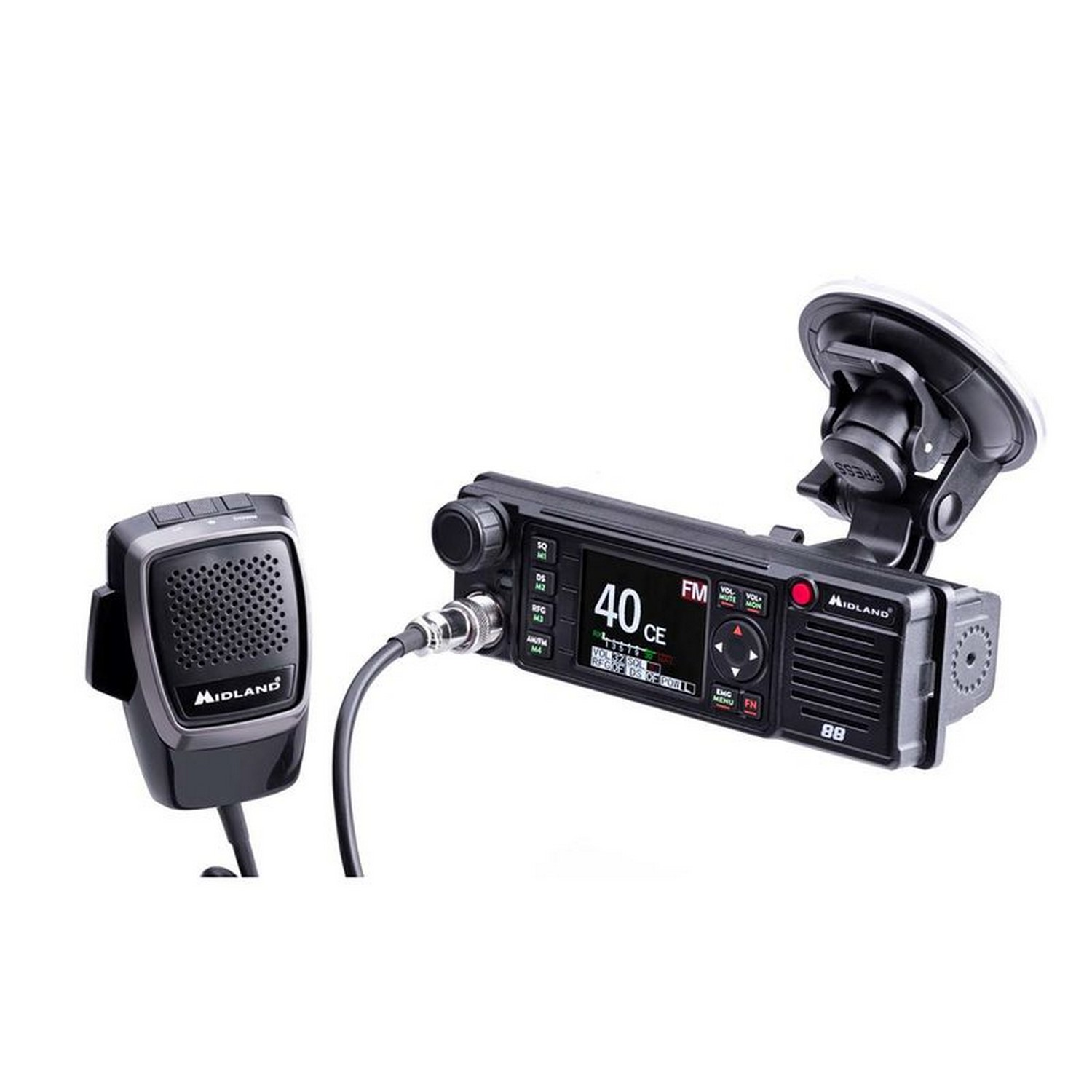 Configurazione radio CB Midland con microfono e supporto a ventosa su sfondo bianco.