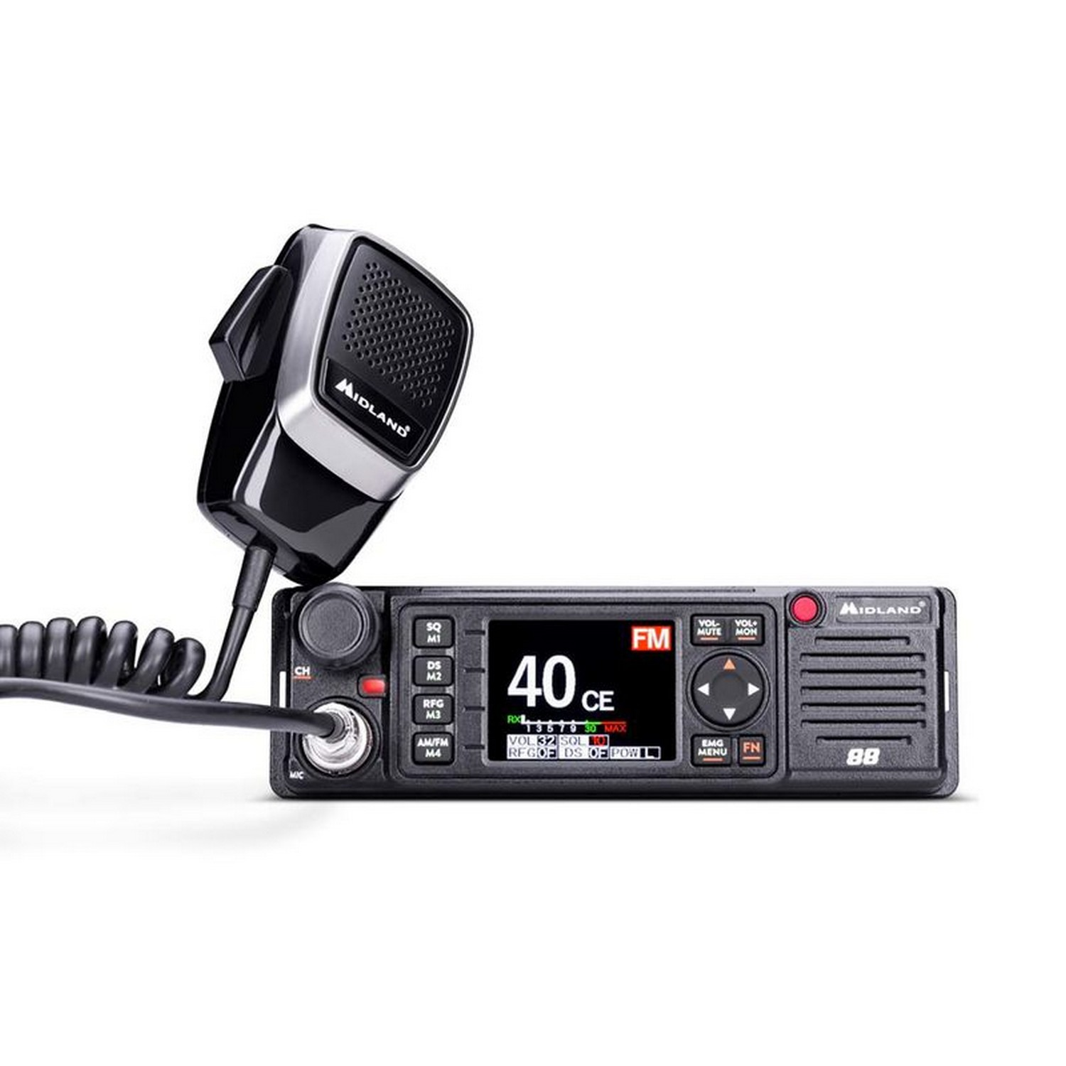 Radio CB Midland con microfono, nero e grigio, con un display.