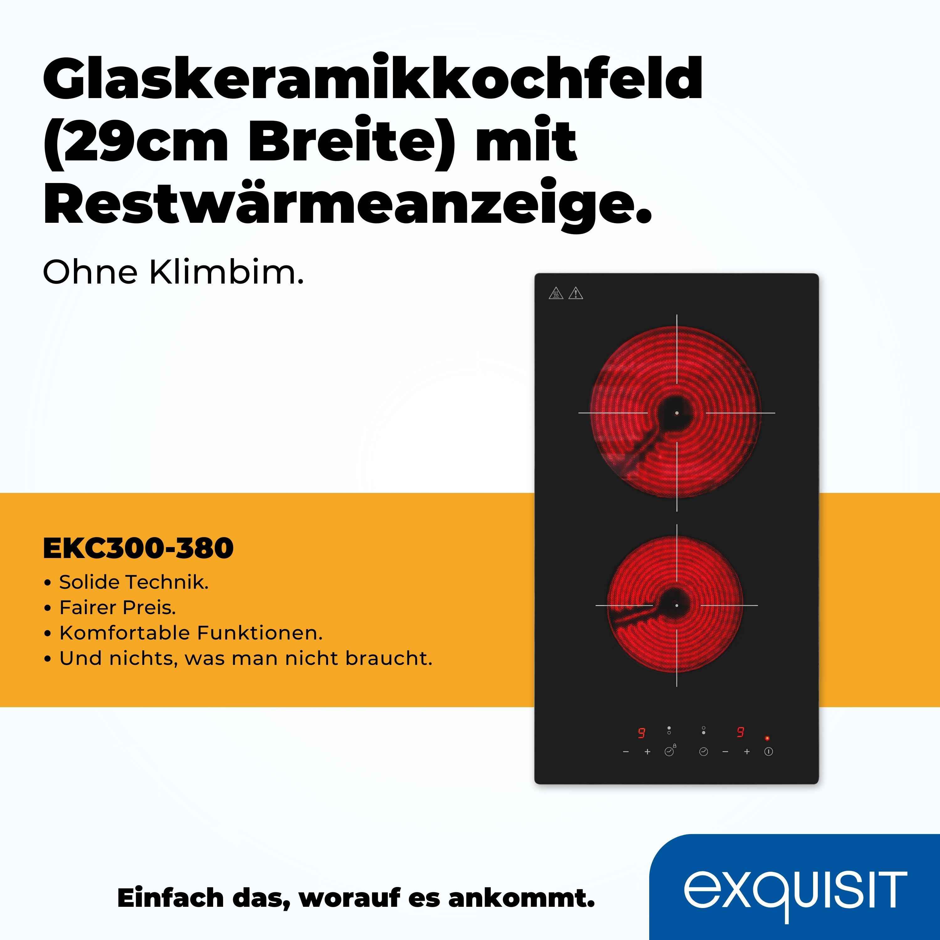 Schwarzes Cerankochfeld mit roten Heizelementen auf schwarzer Oberfläche, mit Exquisit-Logo unten.