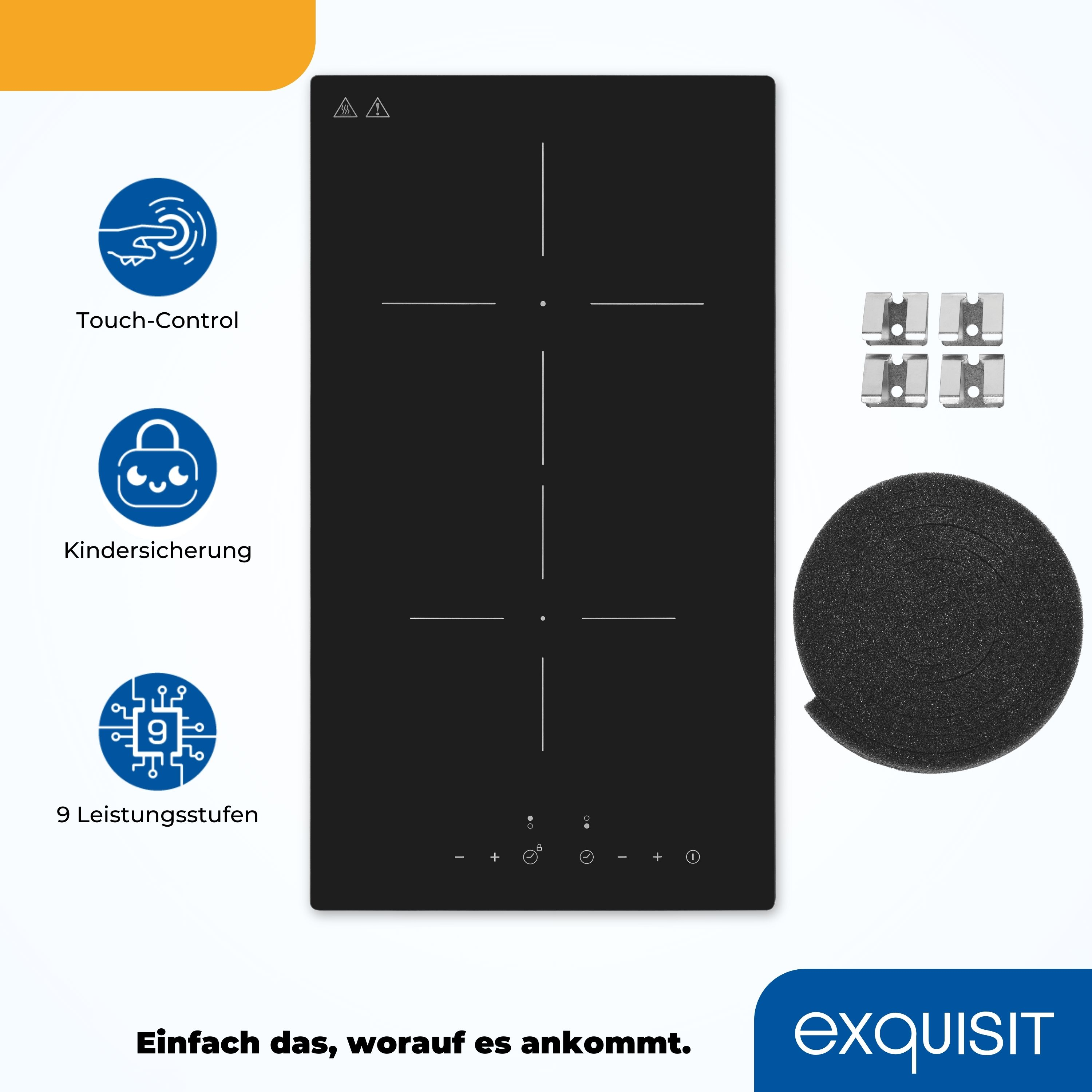 Ein schwarzes Induktionskochfeld mit Touch-Bedienelementen. Links sind Symbole. Der Hintergrund ist weiß.