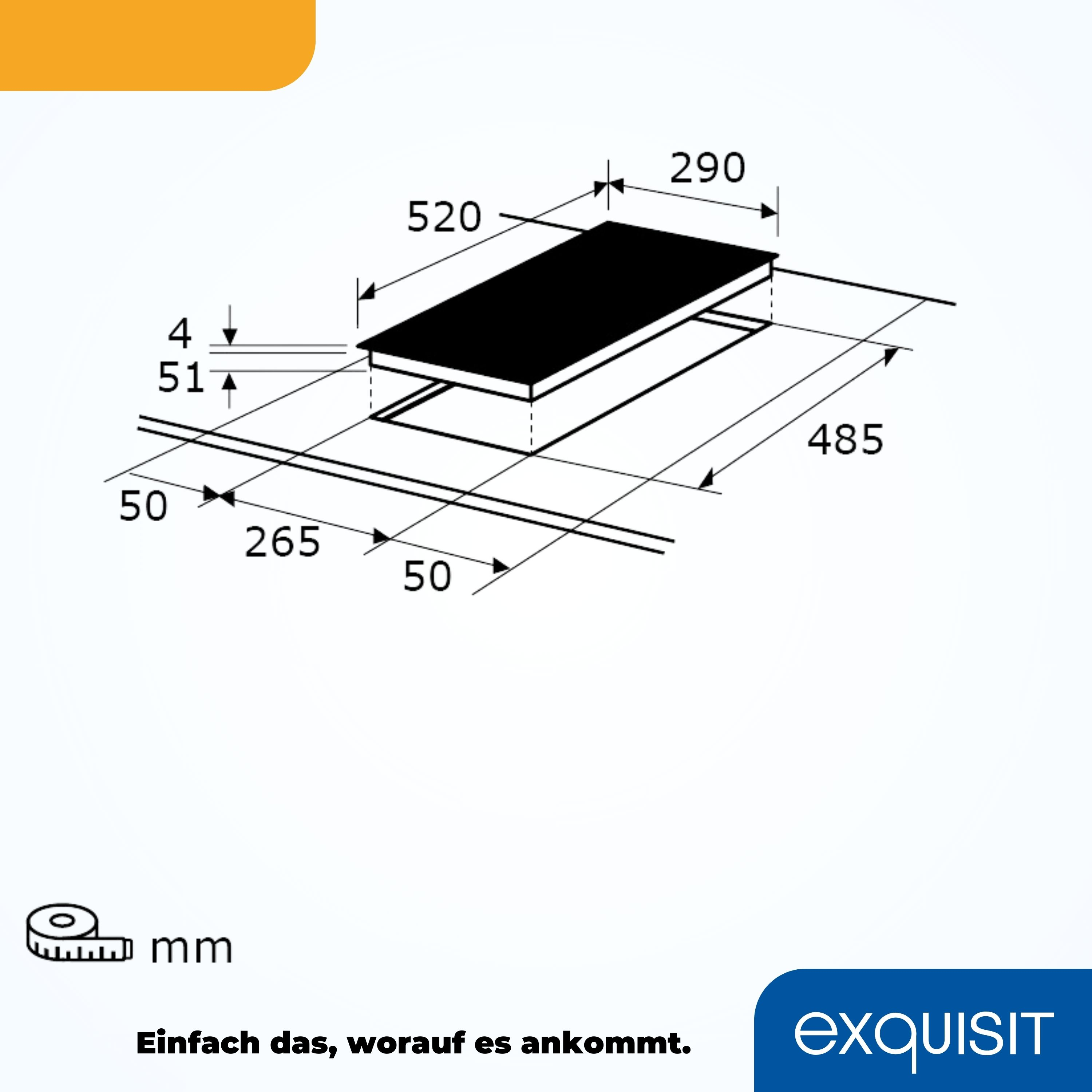 Diagramm mit Abmessungen eines schwarzen Kochfelds. Text und Maße sind in mm angegeben.