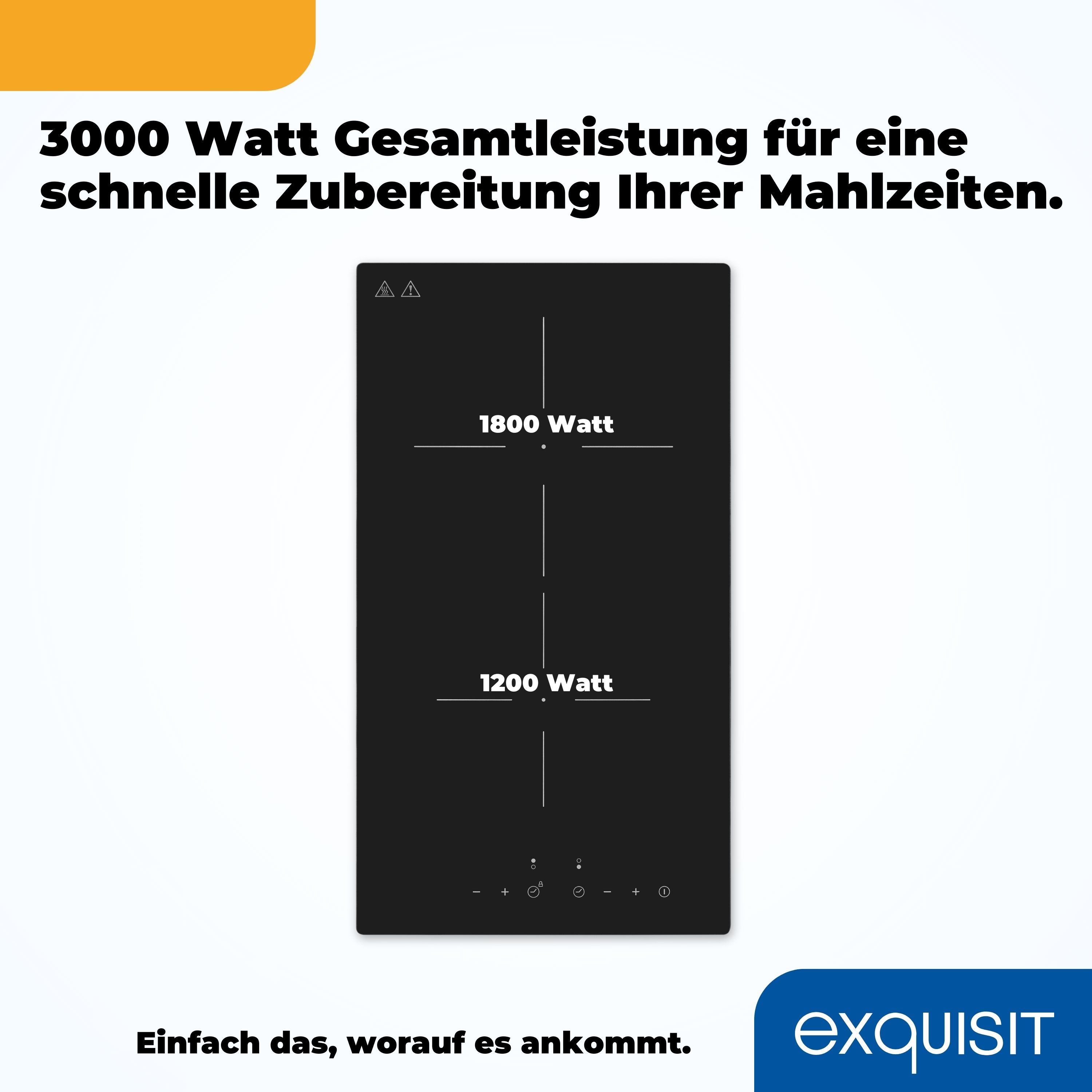 Schwarzes Induktionskochfeld mit 1800W und 1200W Bereichen, mit Steuertasten und Exquisit-Logo.