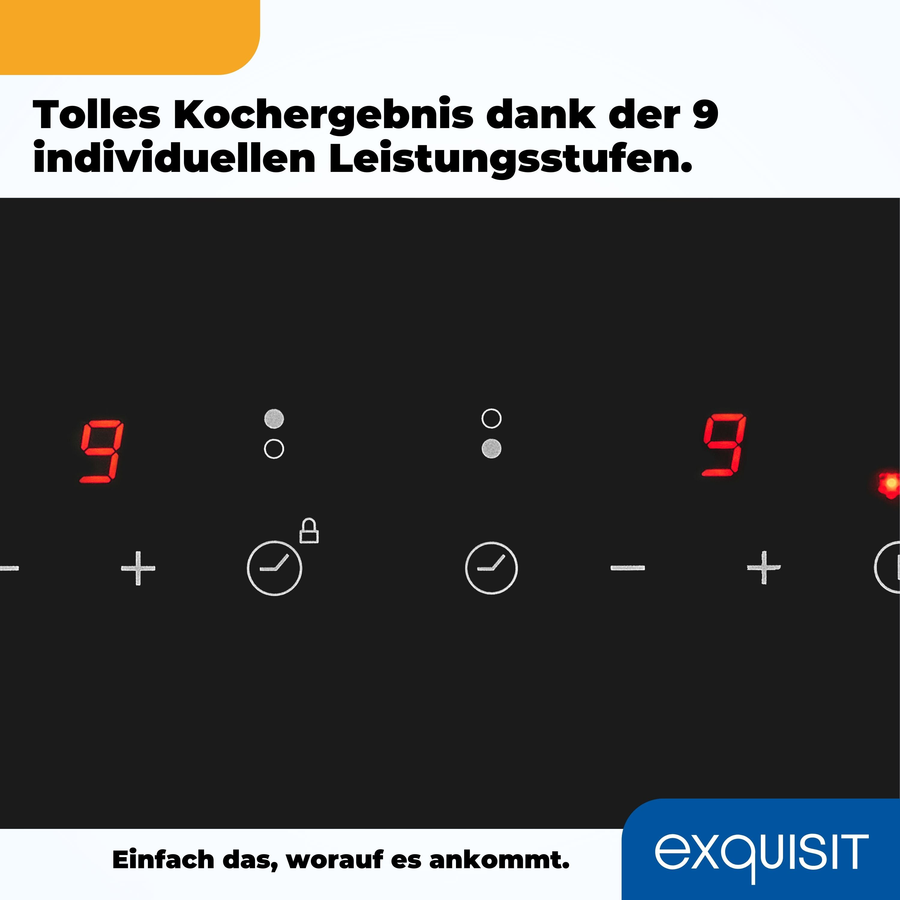 Nahaufnahme eines schwarzen Kochfelds mit roten Zahlen und Plus/Minus-Tasten. Text unten in Weiß.