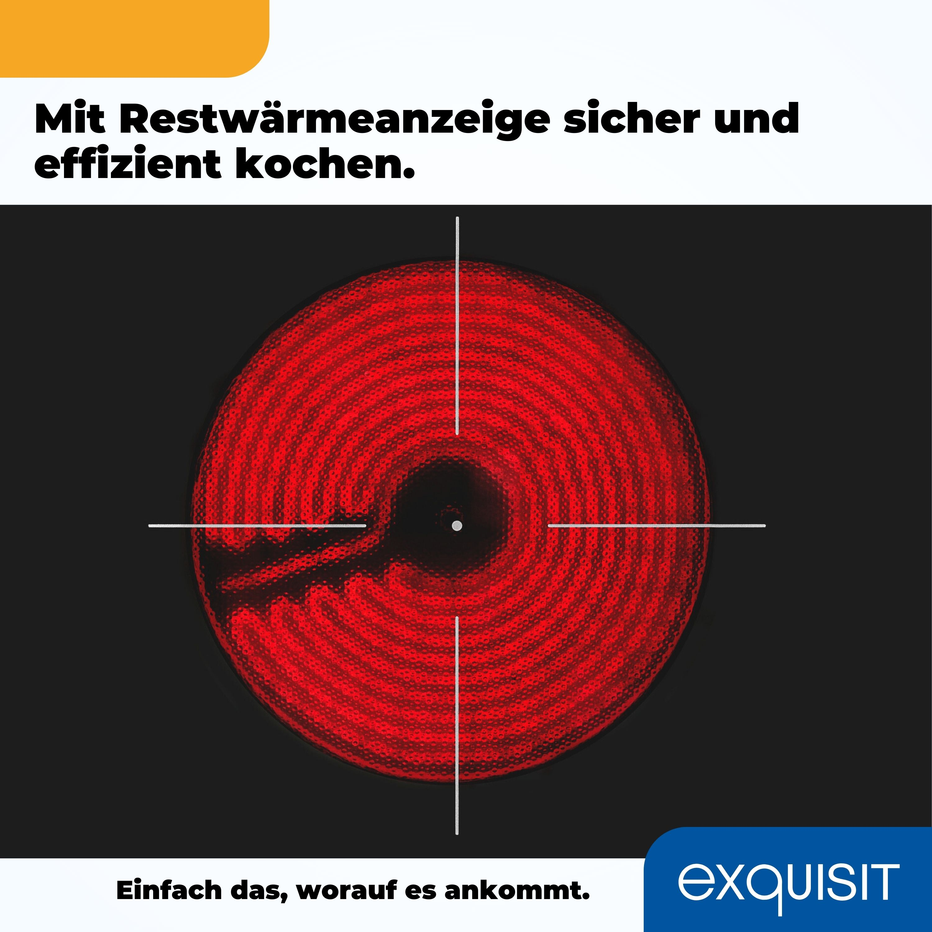 Rote Kochplatte auf schwarzer Oberfläche. Horizontale und vertikale Linien markieren die Mitte.