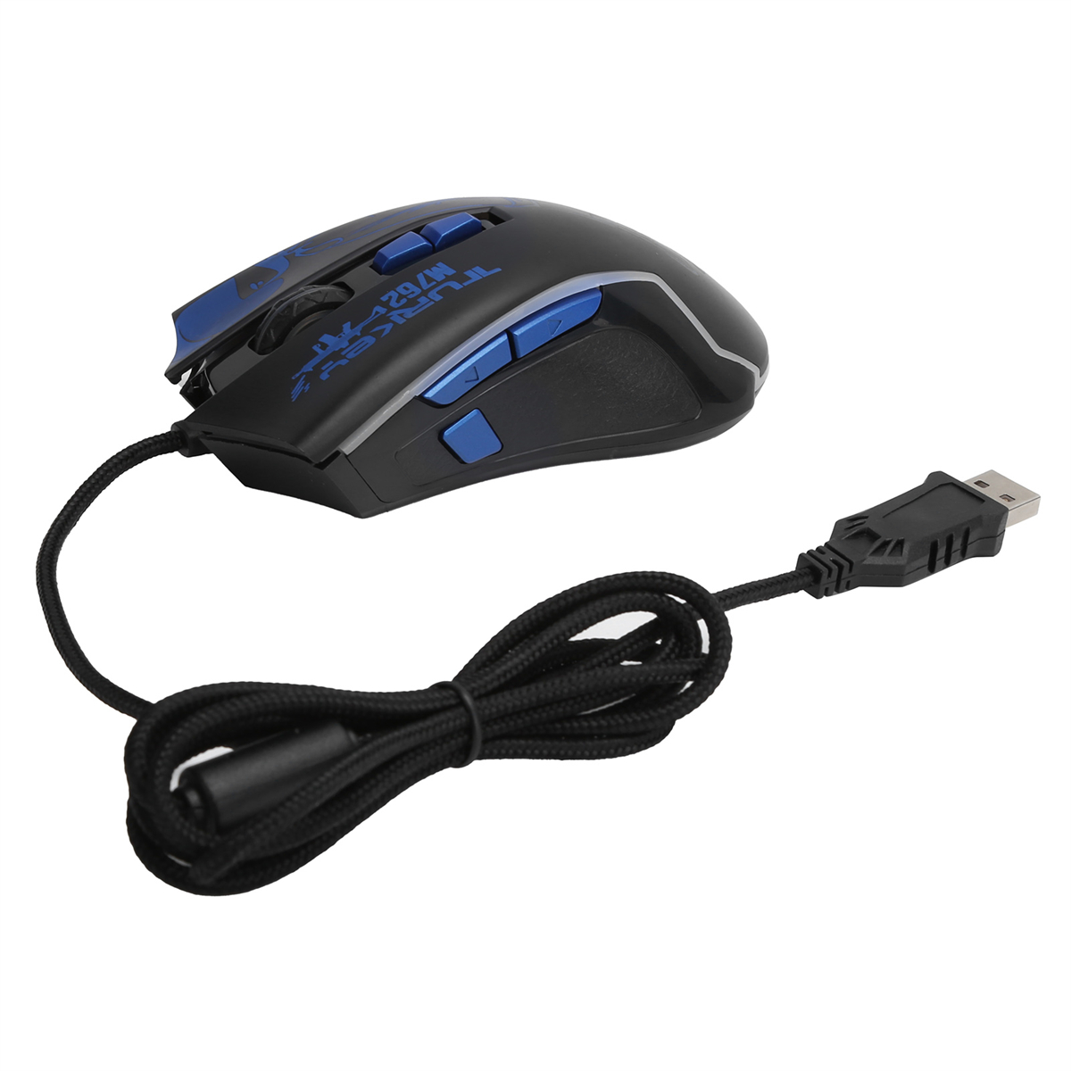 Schwarze Gaming-Maus mit blauen Tasten und USB-Kabel. Die Maus ist zum Betrachter geneigt.