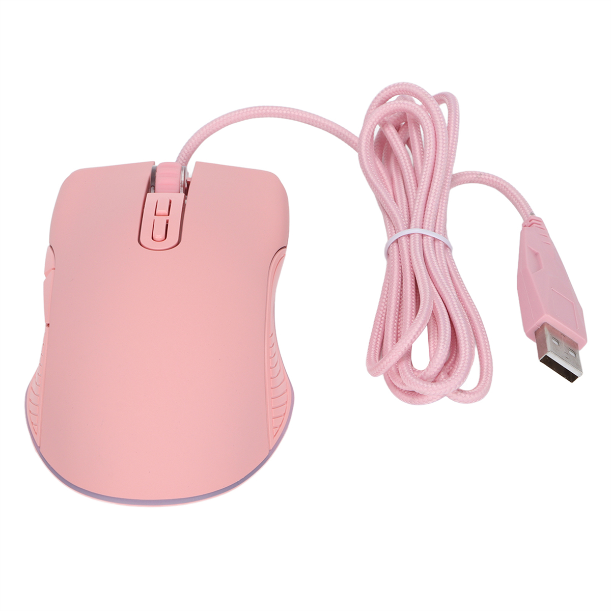 Eine rosa Computermaus mit Kabel liegt auf einer weißen Oberfläche. Die Maus hat Knöpfe an der Seite.
