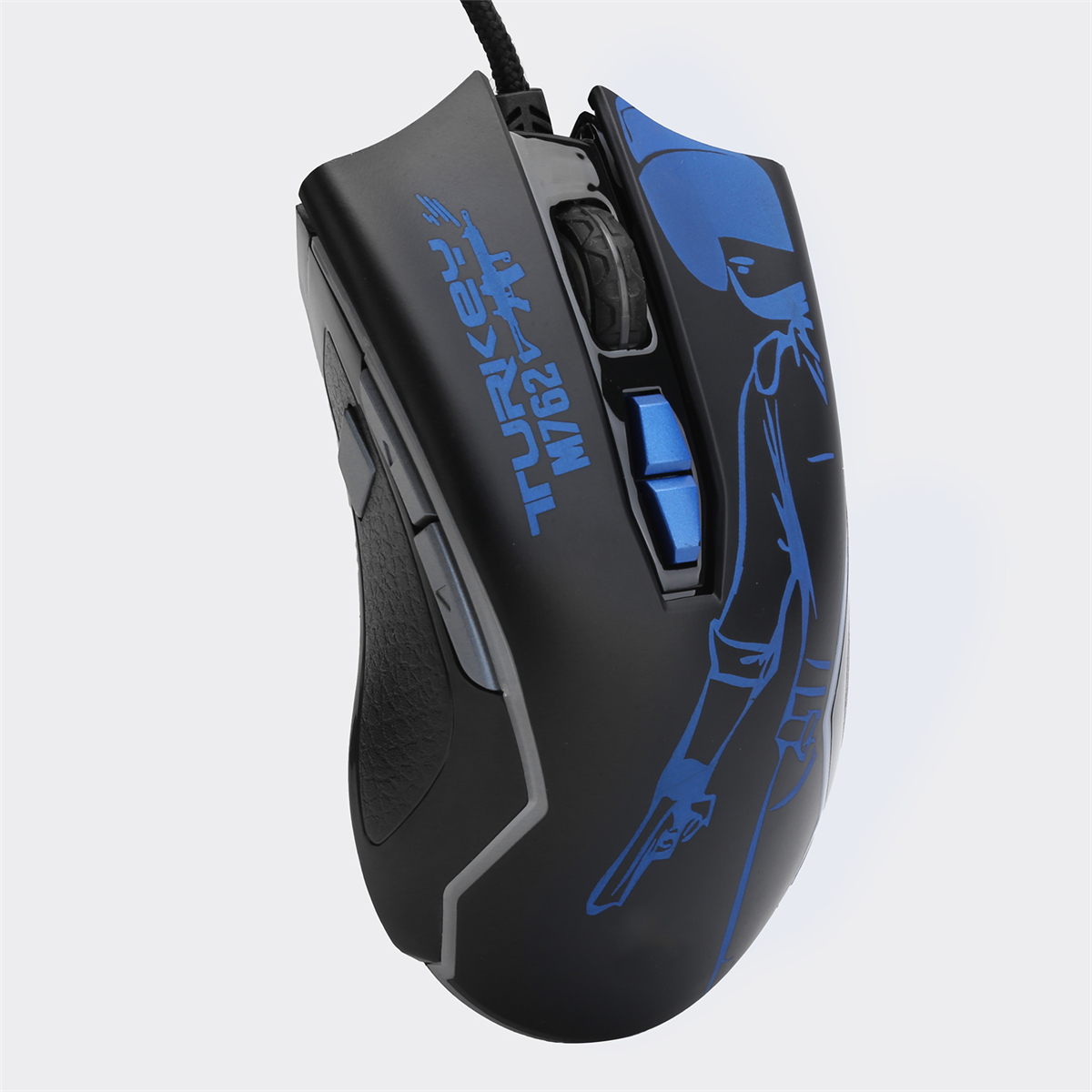 Eine schwarze Computermaus mit blauen Details, einem blauen Design und dem Wort 'TURKEY' darauf.