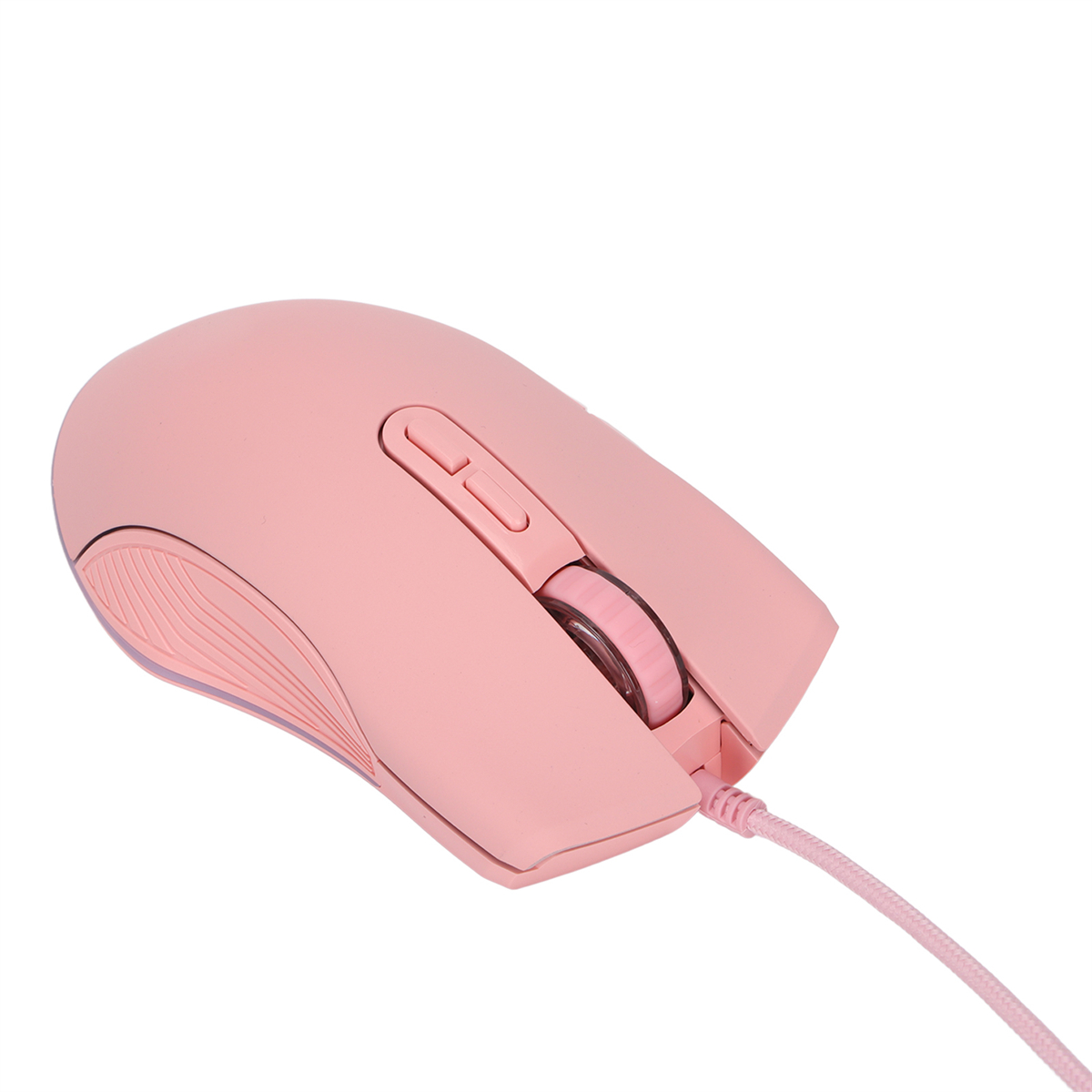 Eine rosa Computermaus mit Tasten und einem Scrollrad, verbunden mit einem rosa Kabel.