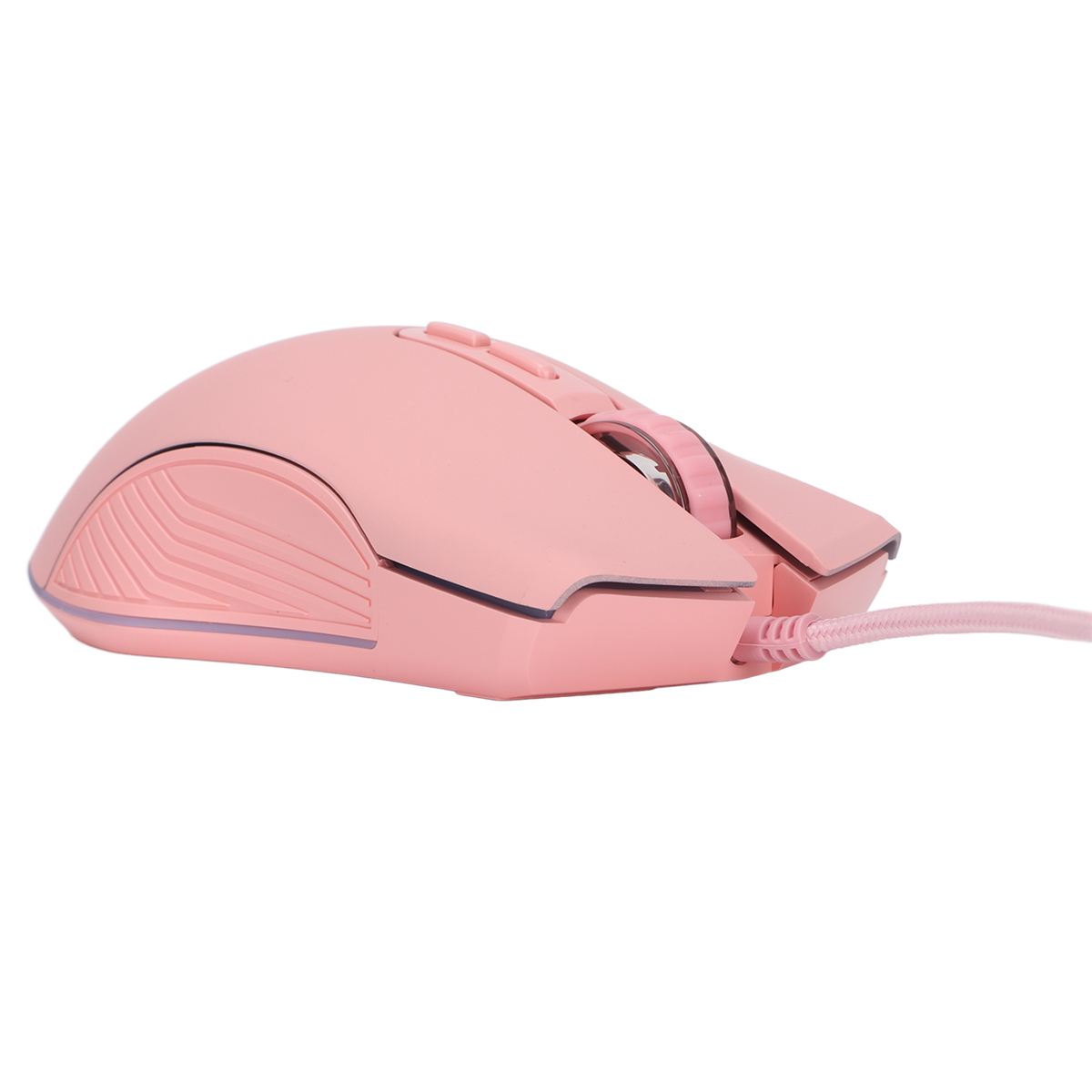 Pinke Computermaus. Die Maus hat Tasten und ein Scrollrad und ist kabelgebunden.