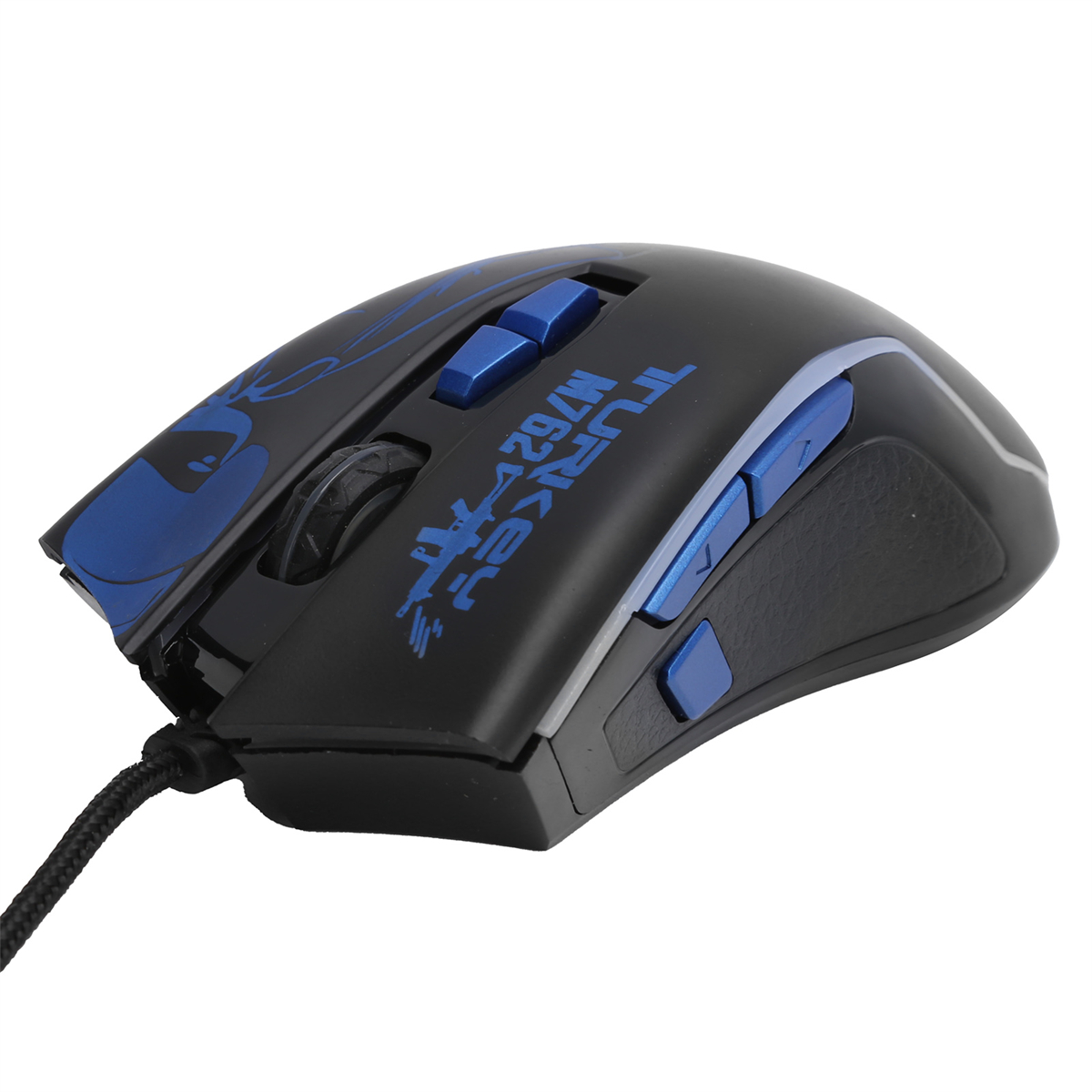 Schwarze Gaming-Maus mit blauen Tasten. Das Logo ist Turkiye M7629, mit geflochtenem Kabel.