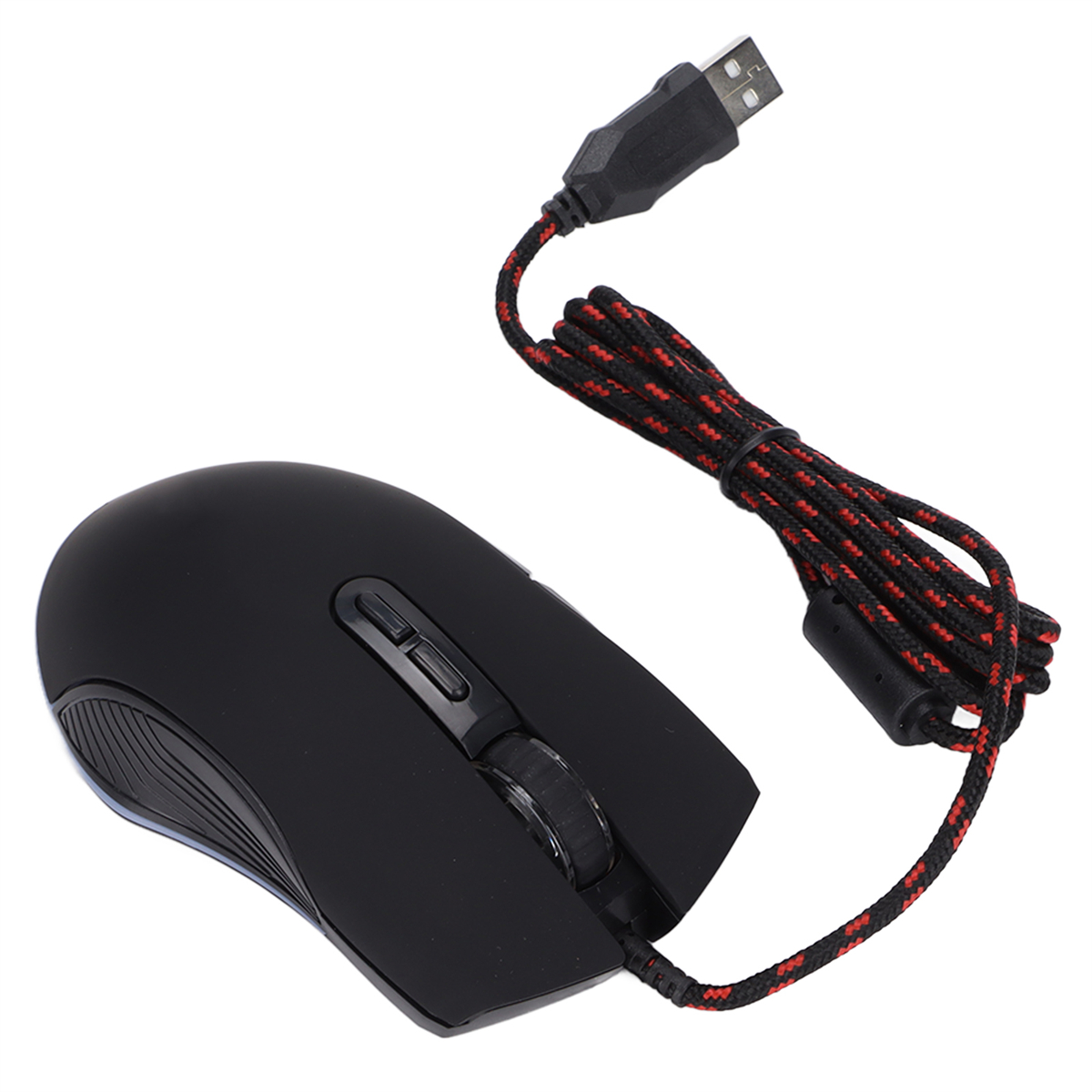 Schwarze Computermaus mit geflochtenem rot-schwarzen Kabel. Die Maus hat Tasten und ein Scrollrad.