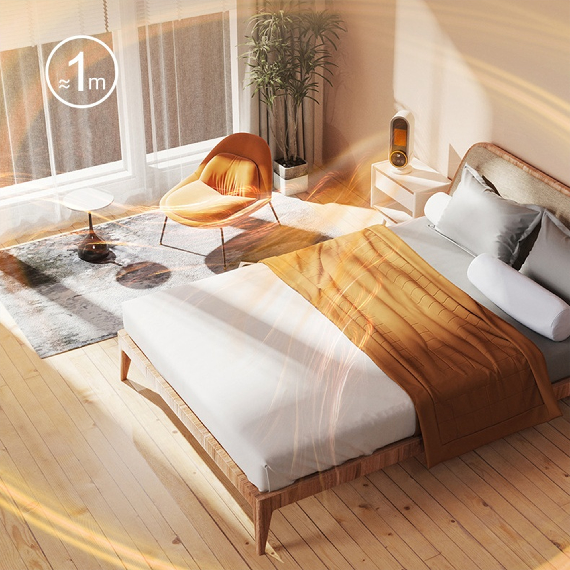 Schlafzimmer mit Bett, Stuhl, Fenster und Lampe. Der Raum ist gut beleuchtet, mit warmen Farben.
