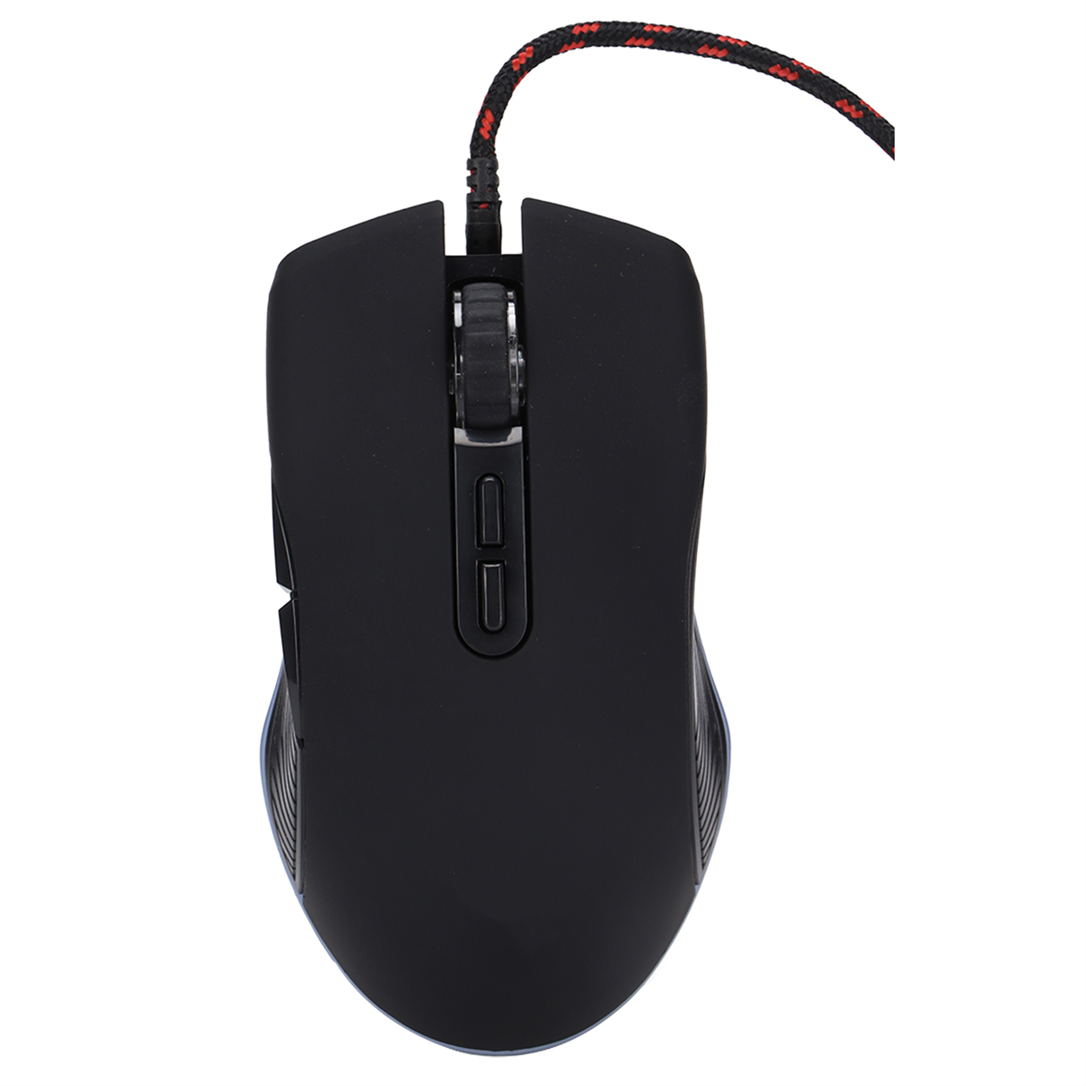 Eine schwarze Gaming-Maus mit rot-schwarzem Kabel und einem Scrollrad.