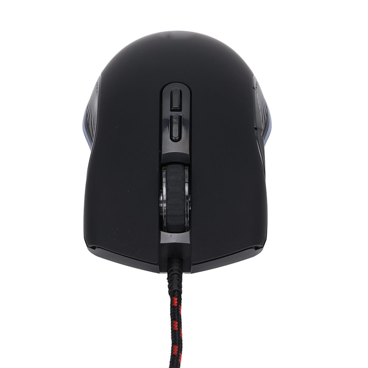 Eine schwarze Computermaus wird von oben gezeigt. Sie hat ein Scrollrad und ein rot-schwarzes Kabel.